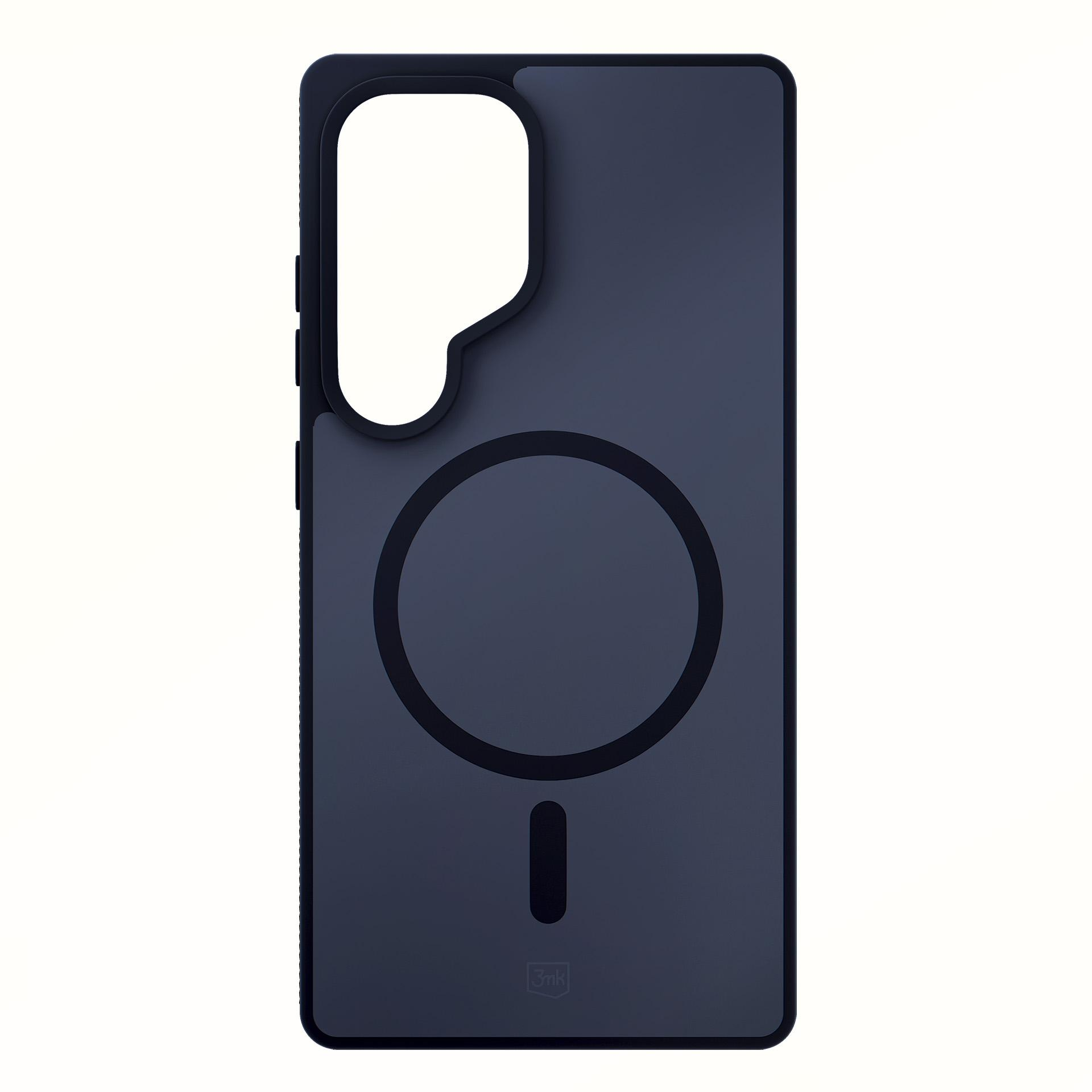 Una custodia per telefono blu scuro con un cerchio e un trattino. La custodia ha un ritaglio per la fotocamera.