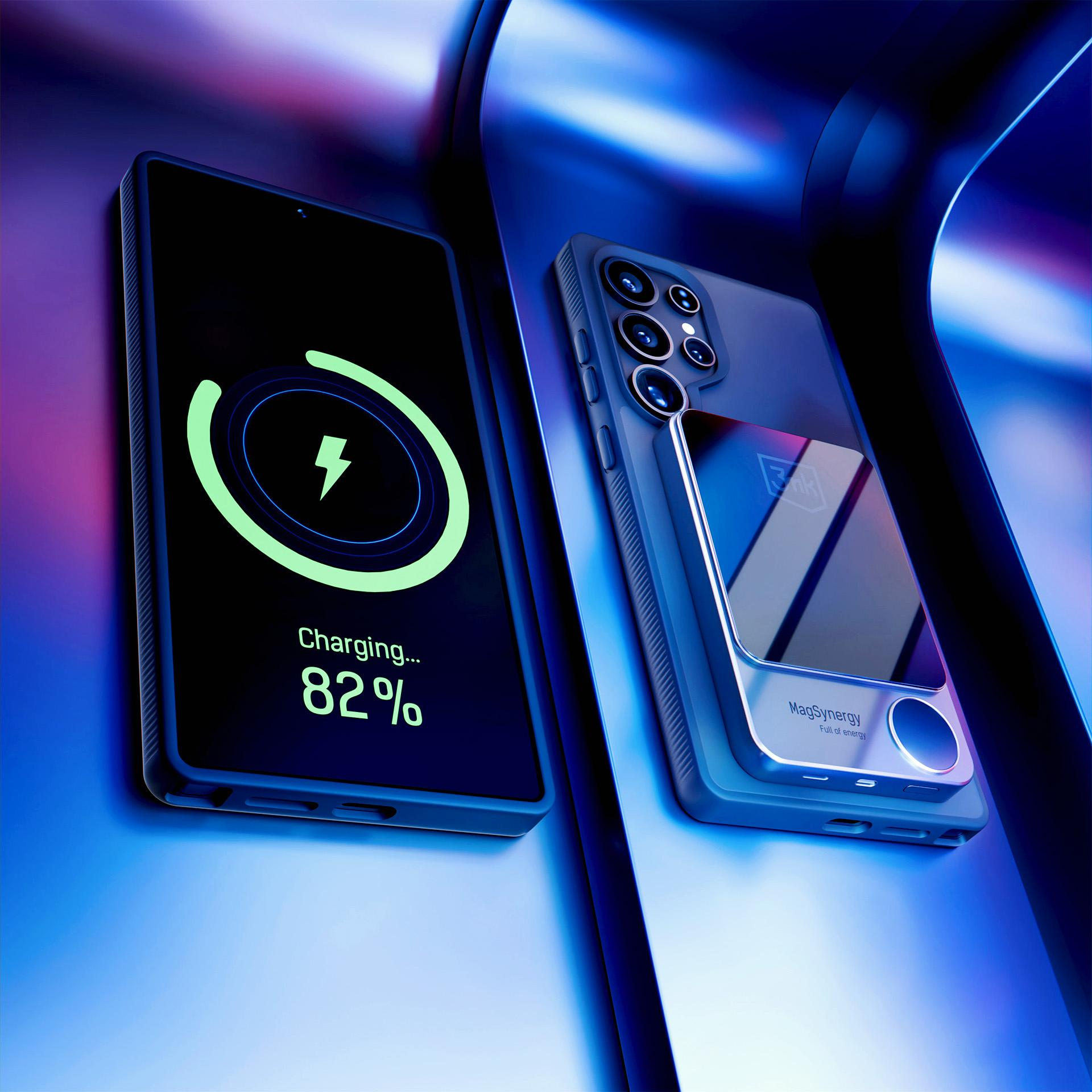 Due telefoni, uno in carica con un indicatore dell'82%, e l'altro con una custodia. Entrambi sono su una superficie blu.