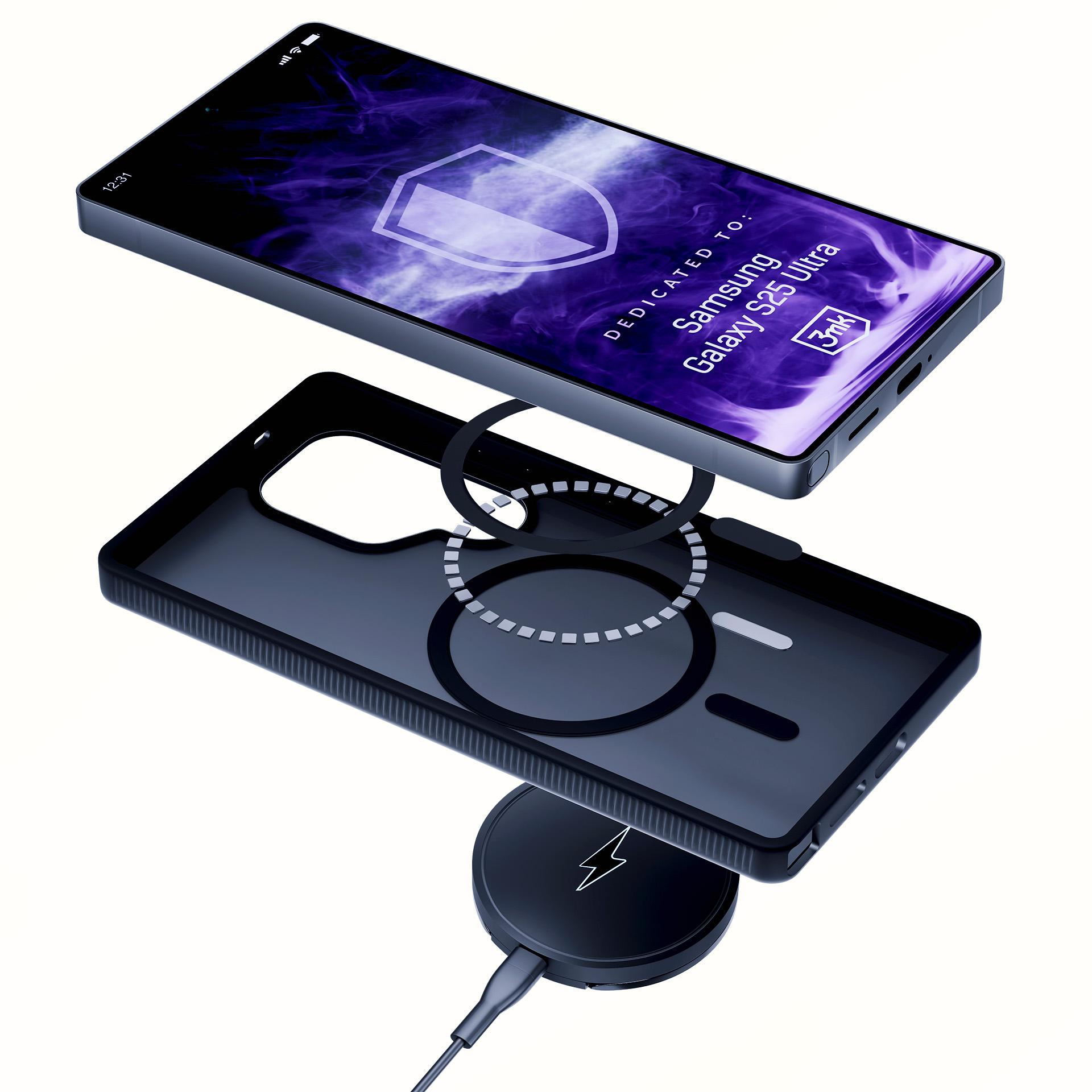 Un telefono, una custodia e un caricabatterie. Il telefono mostra uno schermo. La custodia e il caricabatterie sono sotto.