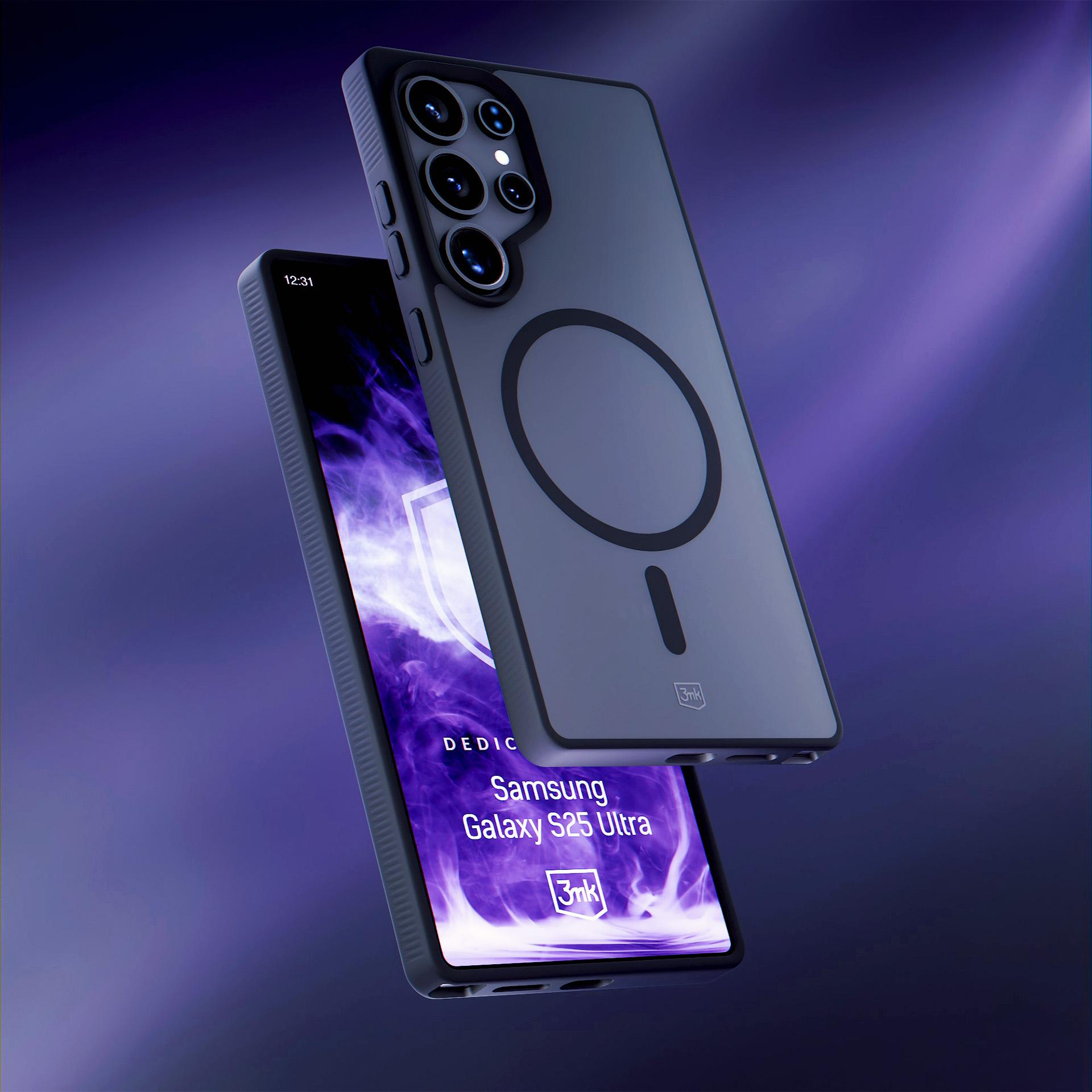 Un telefono in una custodia blu scuro. Il telefono è accanto a un altro telefono. Lo sfondo è viola.