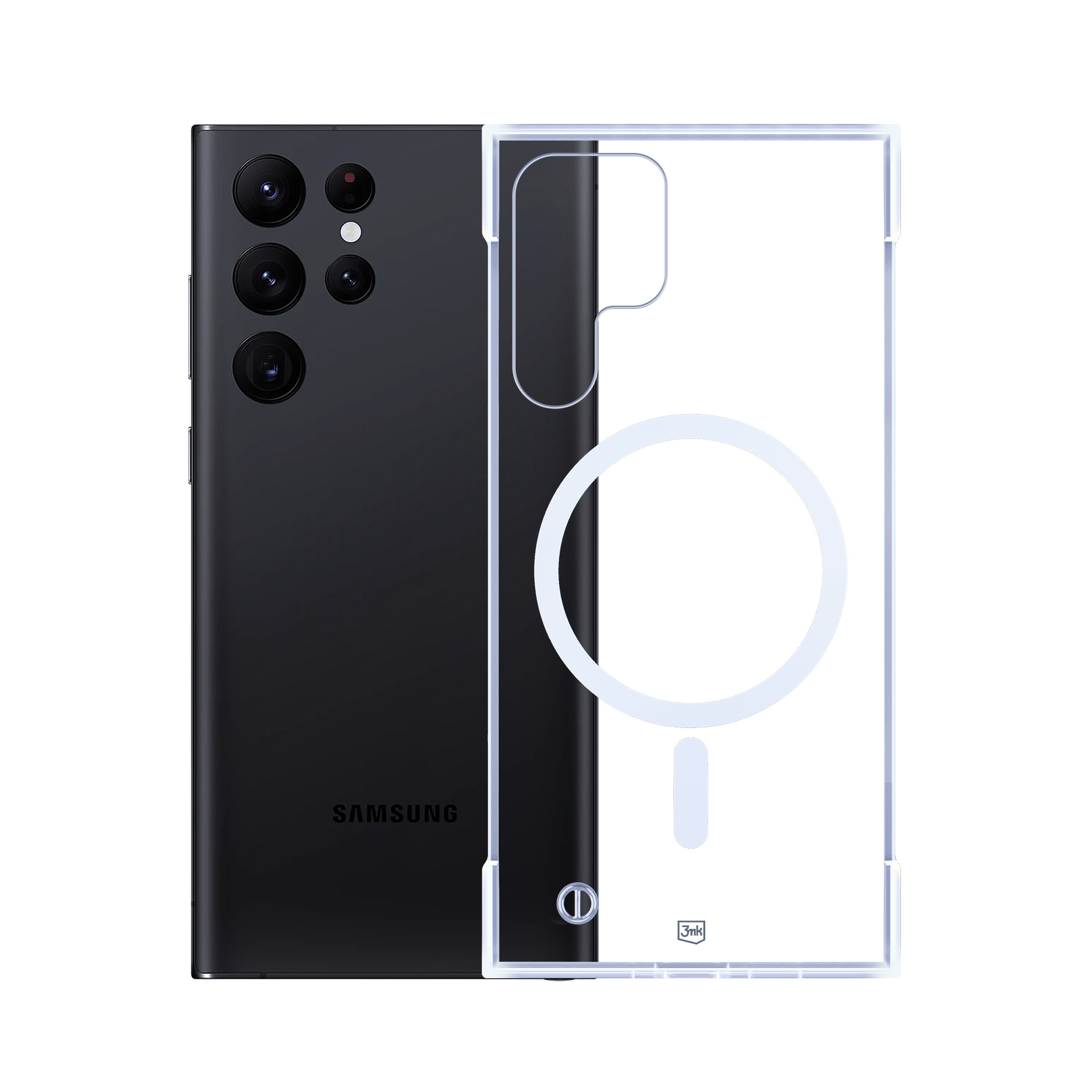 Czarny smartfon i przezroczyste etui na telefon z pierścieniem magnetycznym, oba na białym tle.