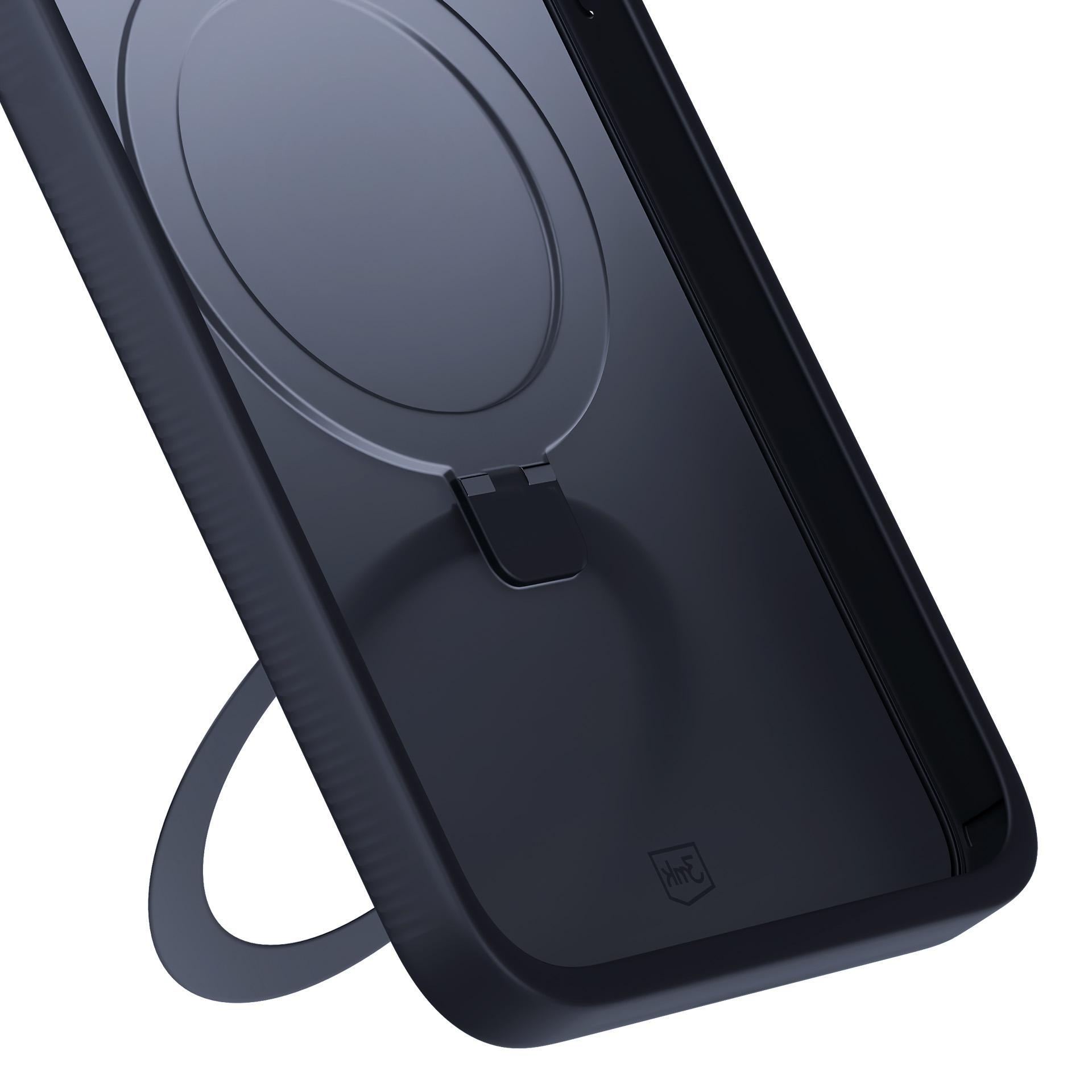 Zbliżenie ciemnego etui na telefon z wysuniętą podstawką pierścieniową, ustawioną pod kątem na białym tle.