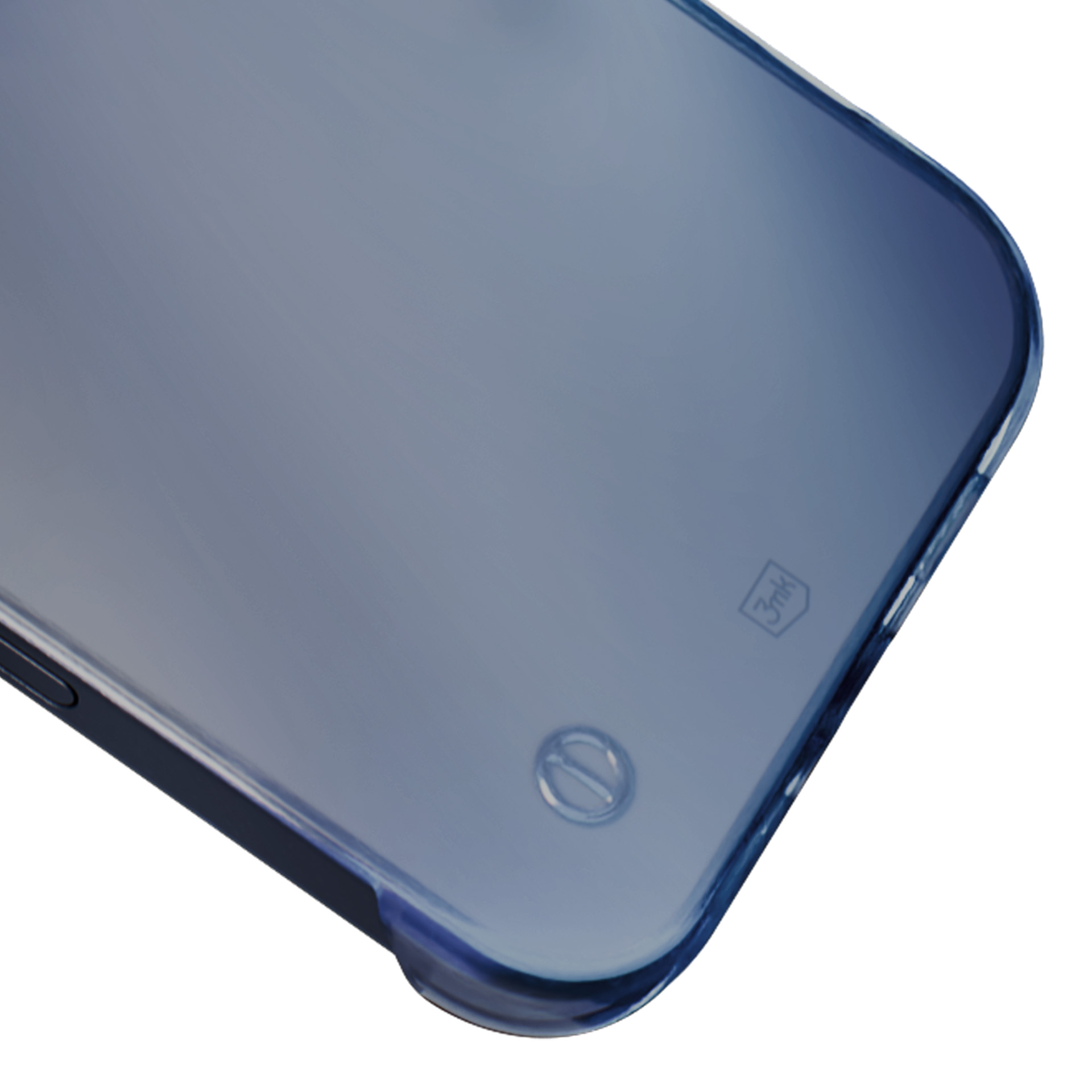 Przezroczyste etui na telefon jest pokazane pod kątem na białym tle.