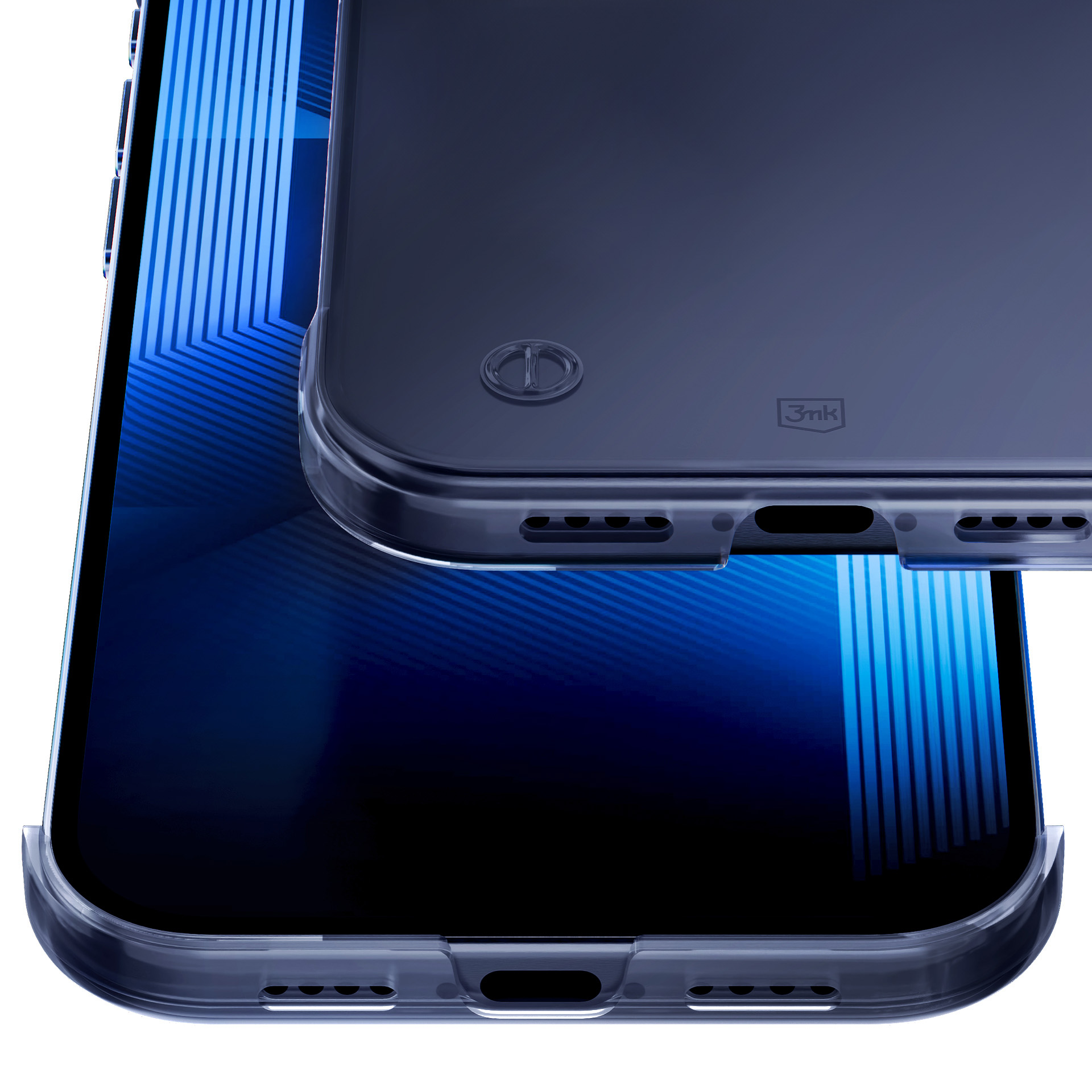 Zbliżenie przezroczystego etui na telefon na telefonie. Tło jest białe i niebieskie.