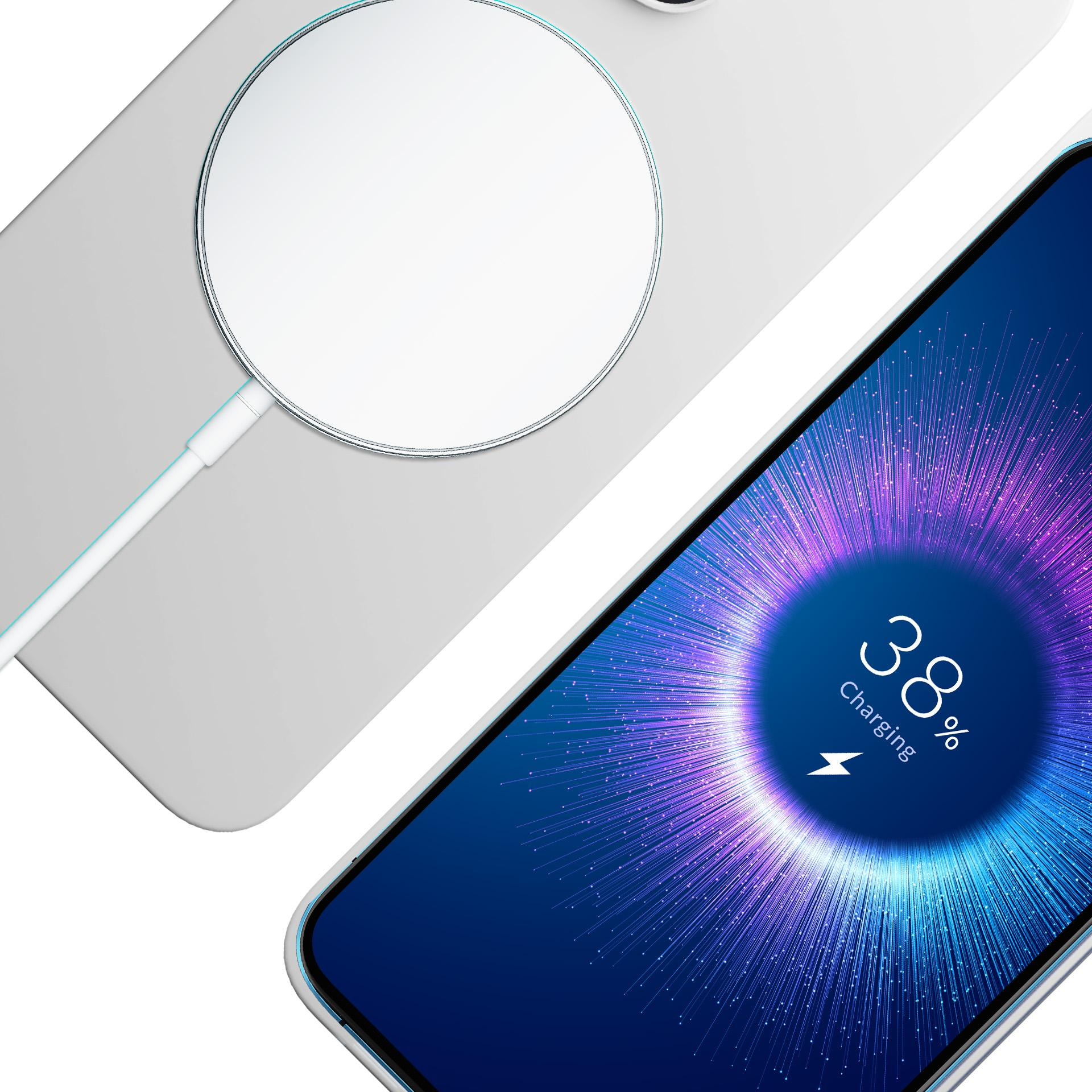 Telefon w trakcie ładowania. Ekran pokazuje 38%. Biały telefon z kablem.