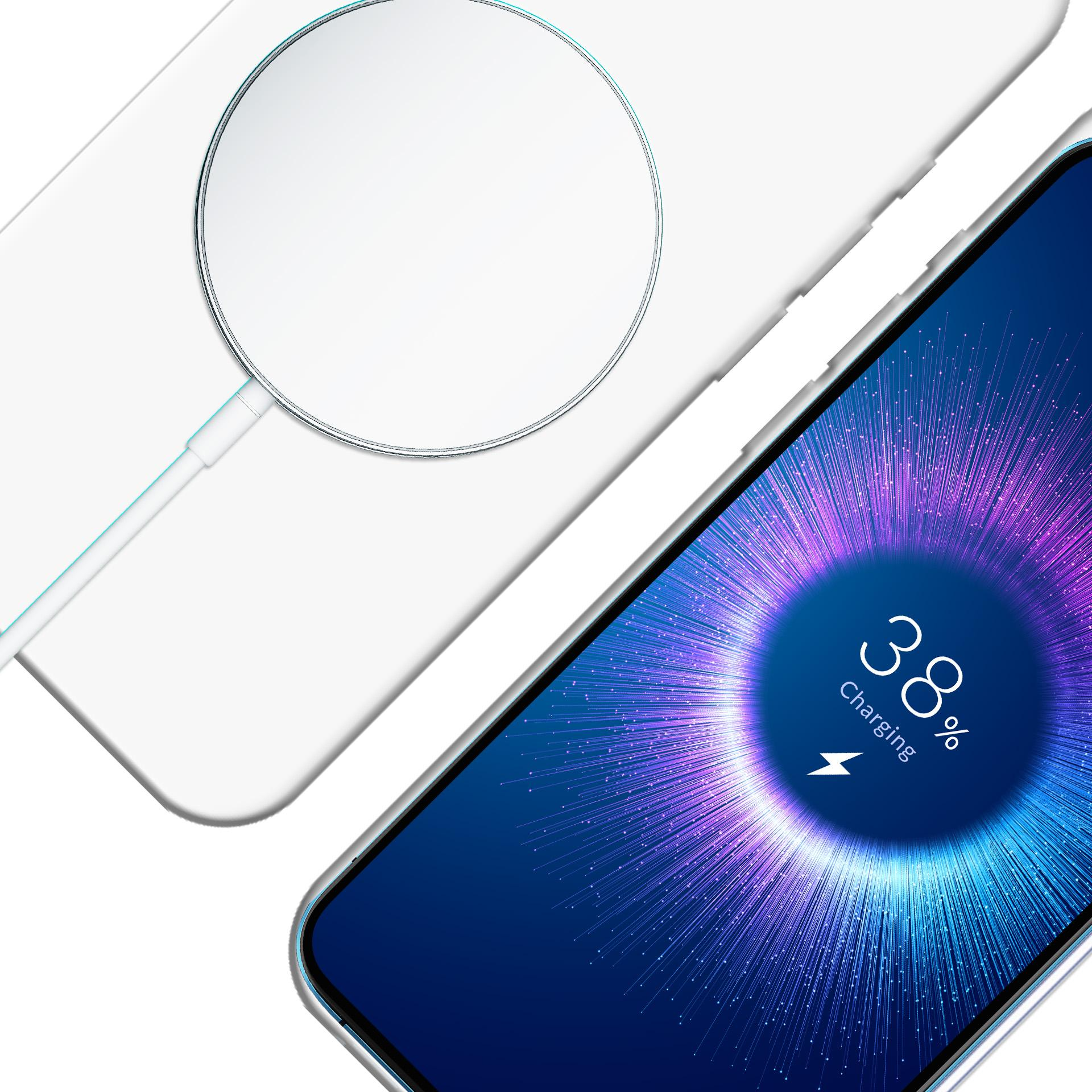 Telefon w trakcie ładowania. Ekran pokazuje 38%. Biały telefon i kabel.