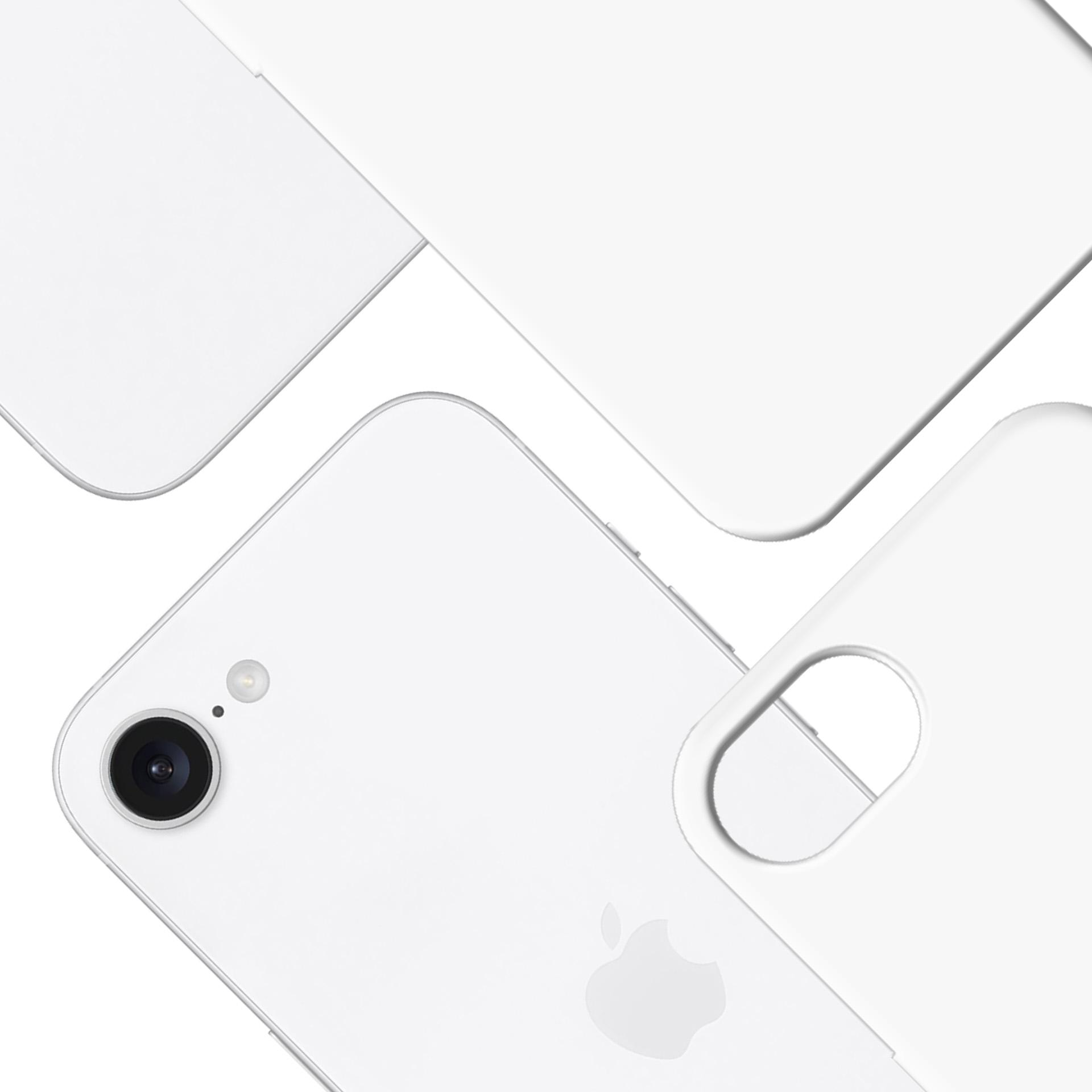 Biały iPhone i białe etui. Widok z góry, pod kątem. Czysty, minimalistyczny design.
