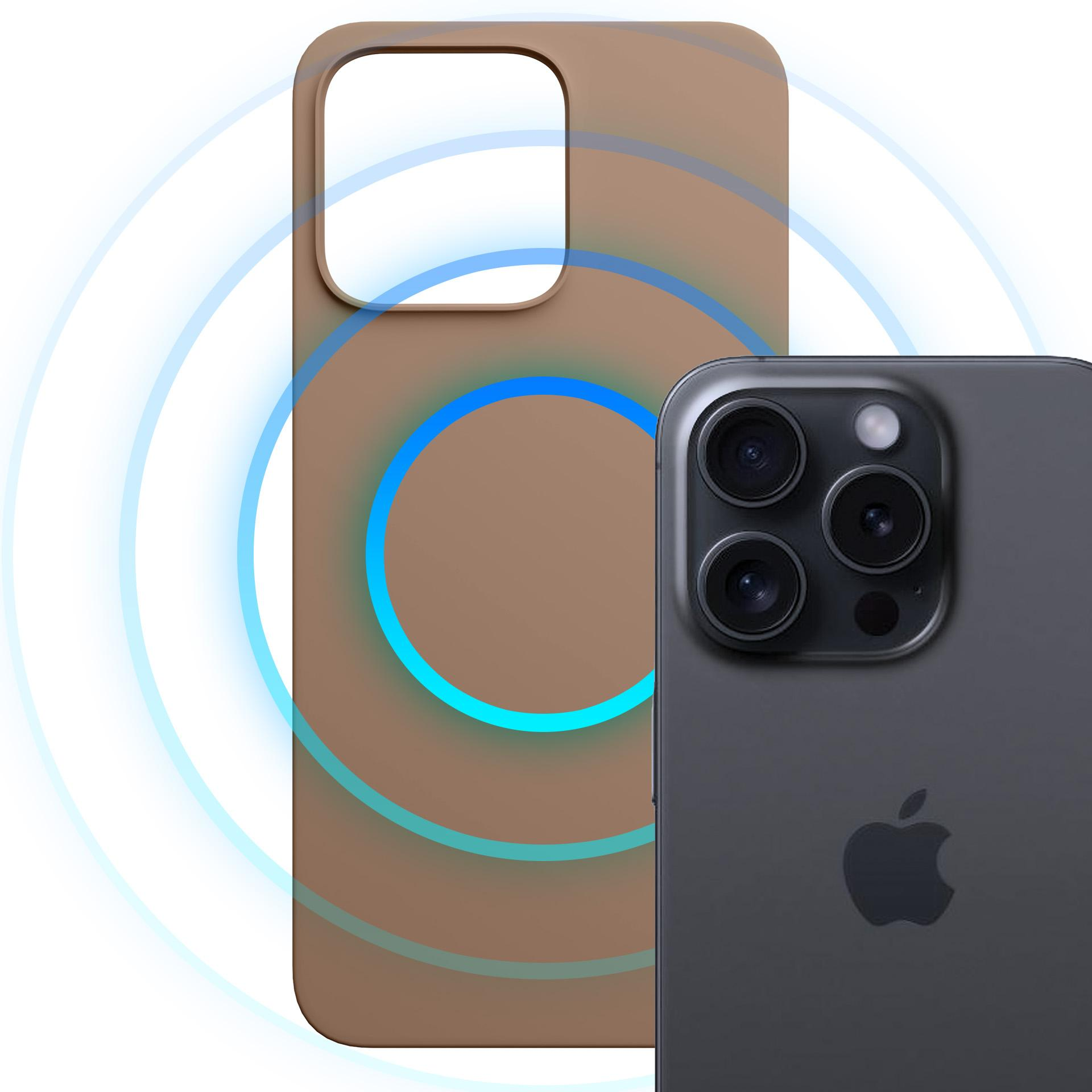 Brązowe etui na telefon i czarny iPhone. Telefon ma 3 aparaty. Niebieskie i cyjanowe linie.