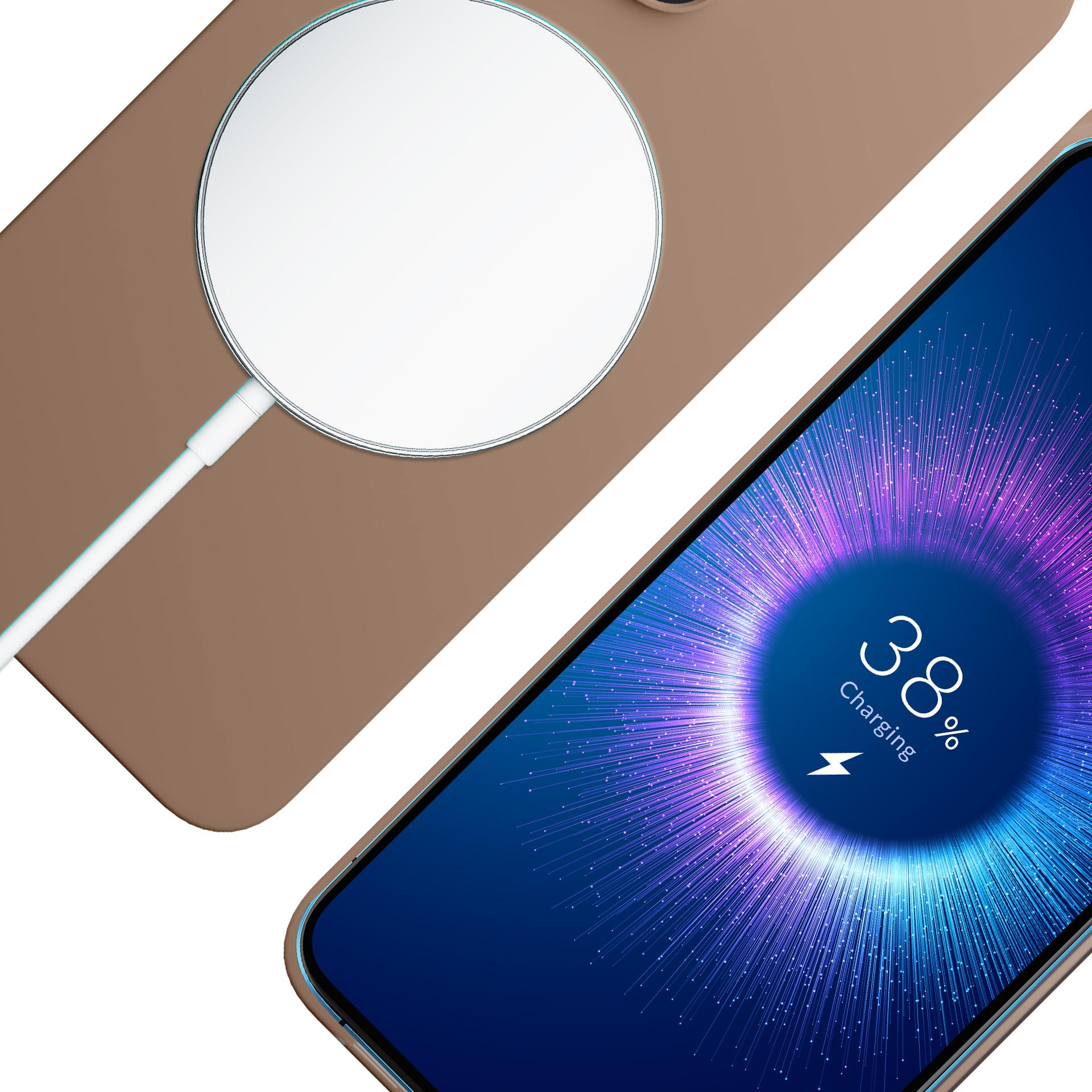 Brązowe etui na telefon i czarny iPhone. Telefon ładuje się bezprzewodowo. Białe tło.