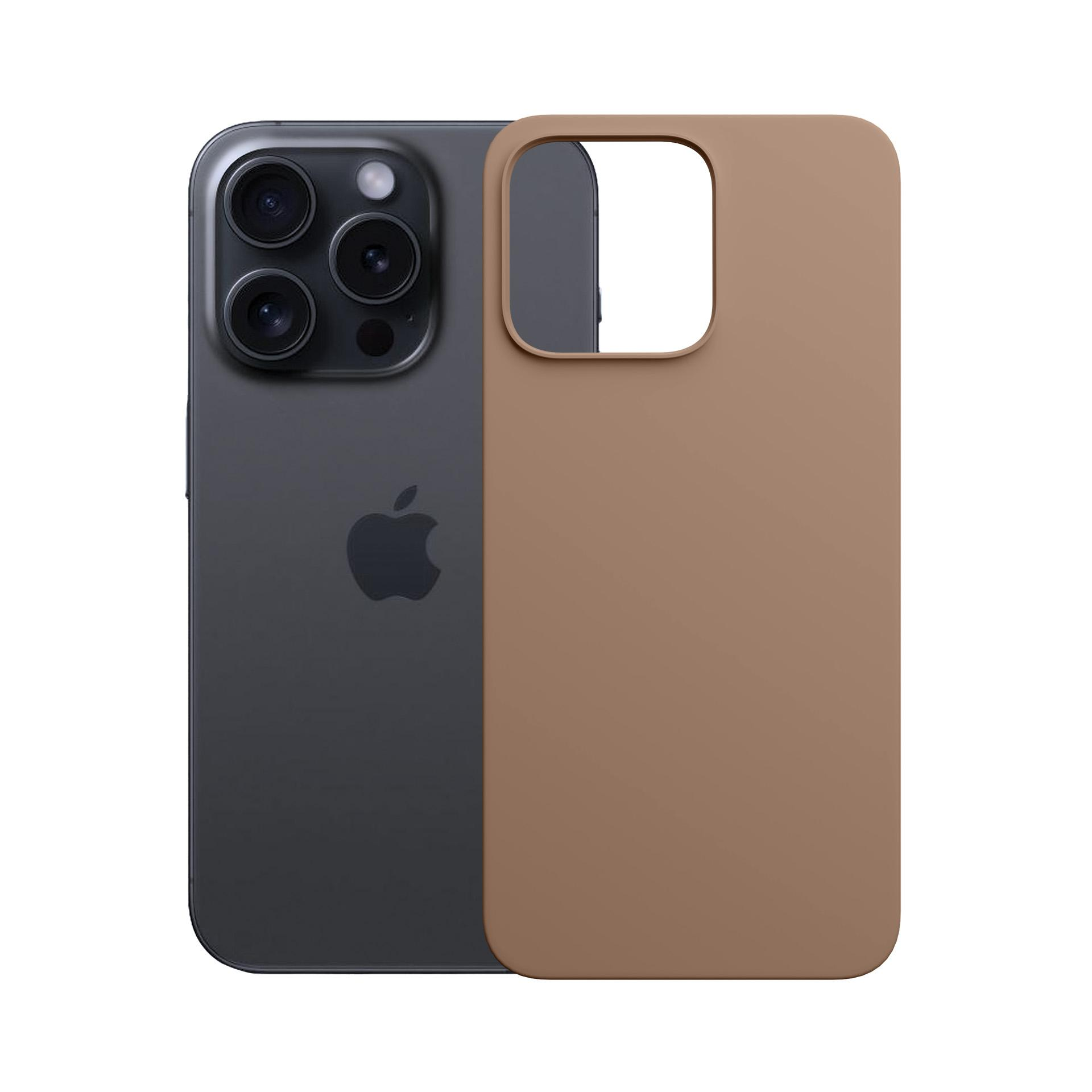Czarny iPhone z brązowym etui. Etui ma wycięcie na aparat. Białe tło.