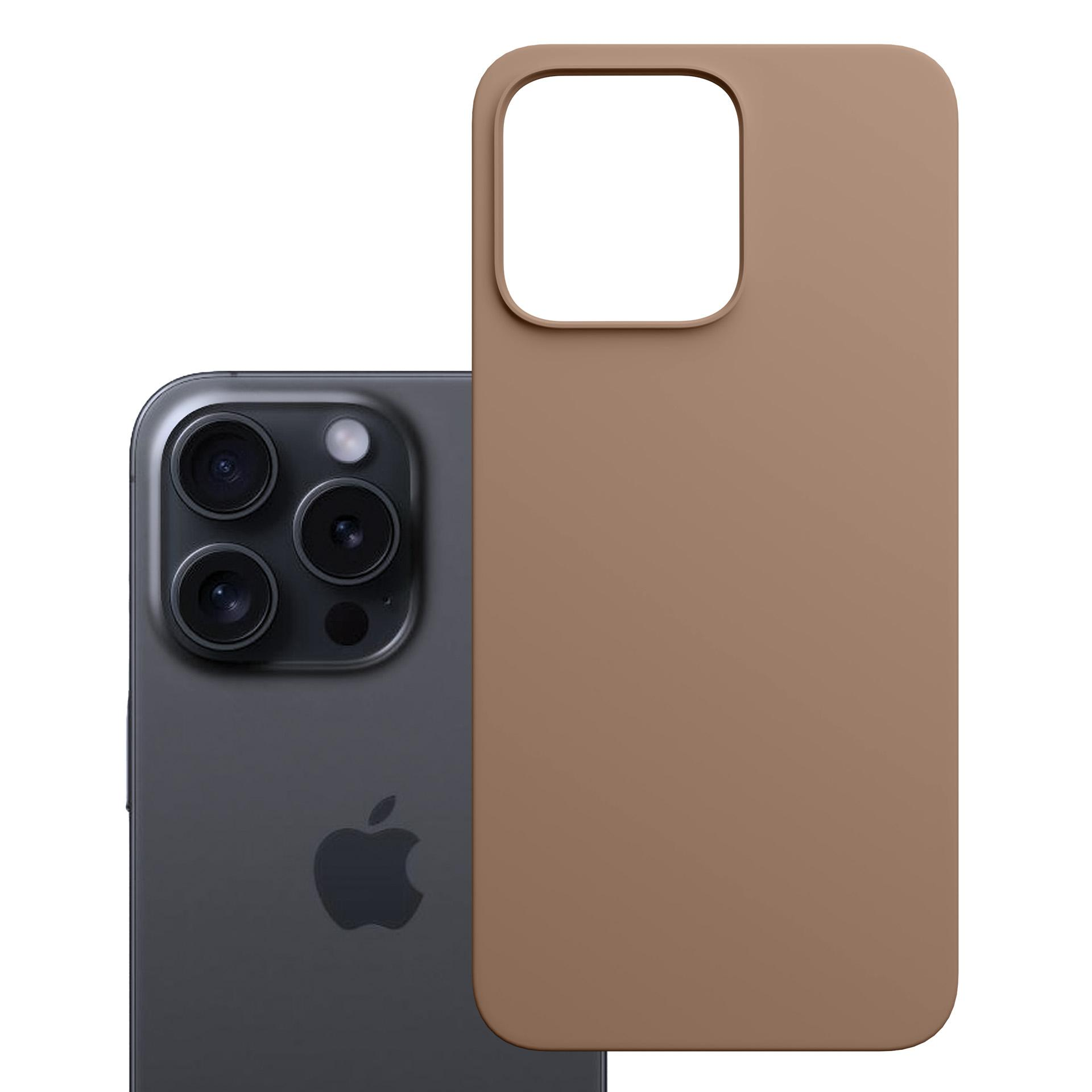 Czarny iPhone z brązowym etui. Etui zakrywa tył. Białe tło.