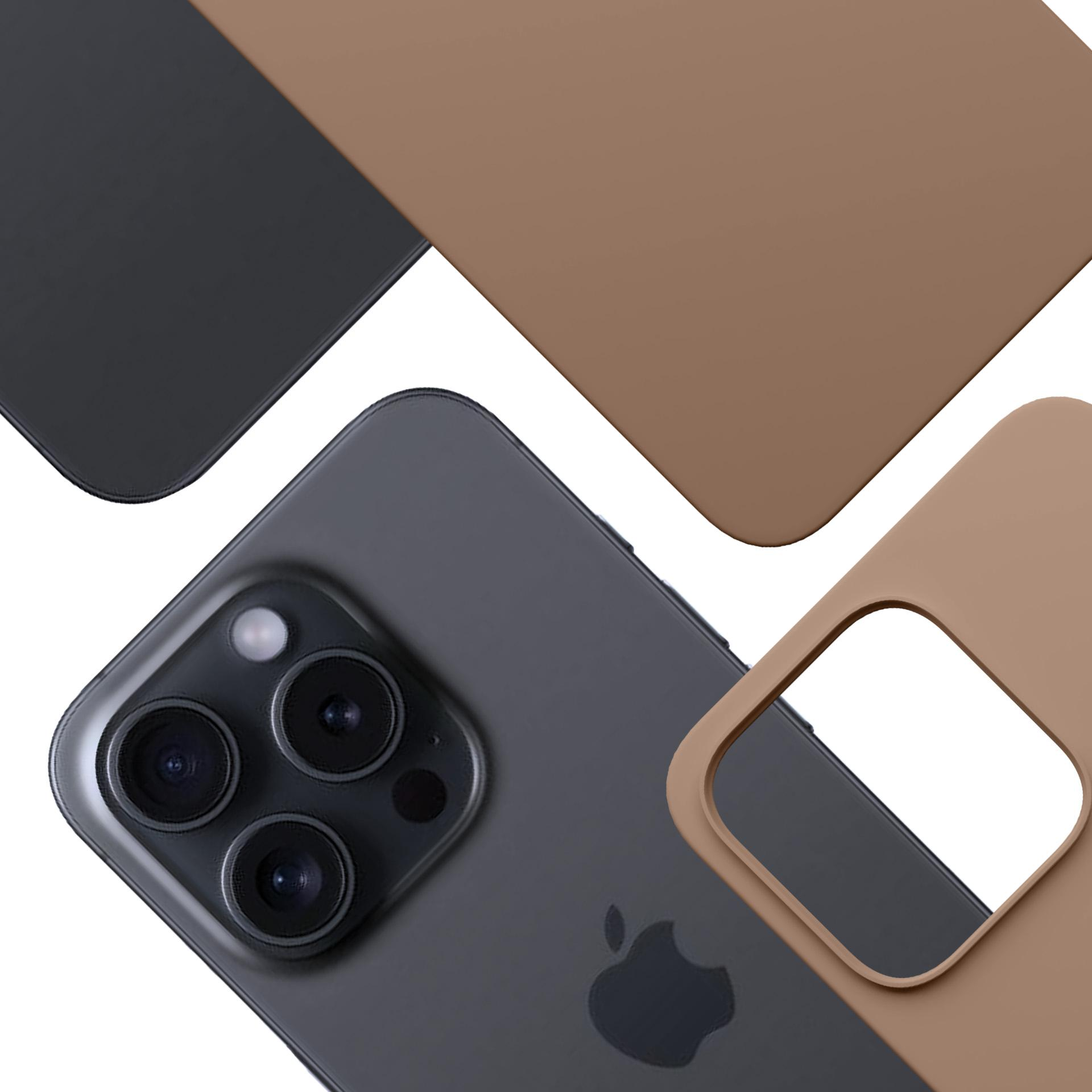 Czarny iPhone i brązowe elementy obudowy. Białe tło.