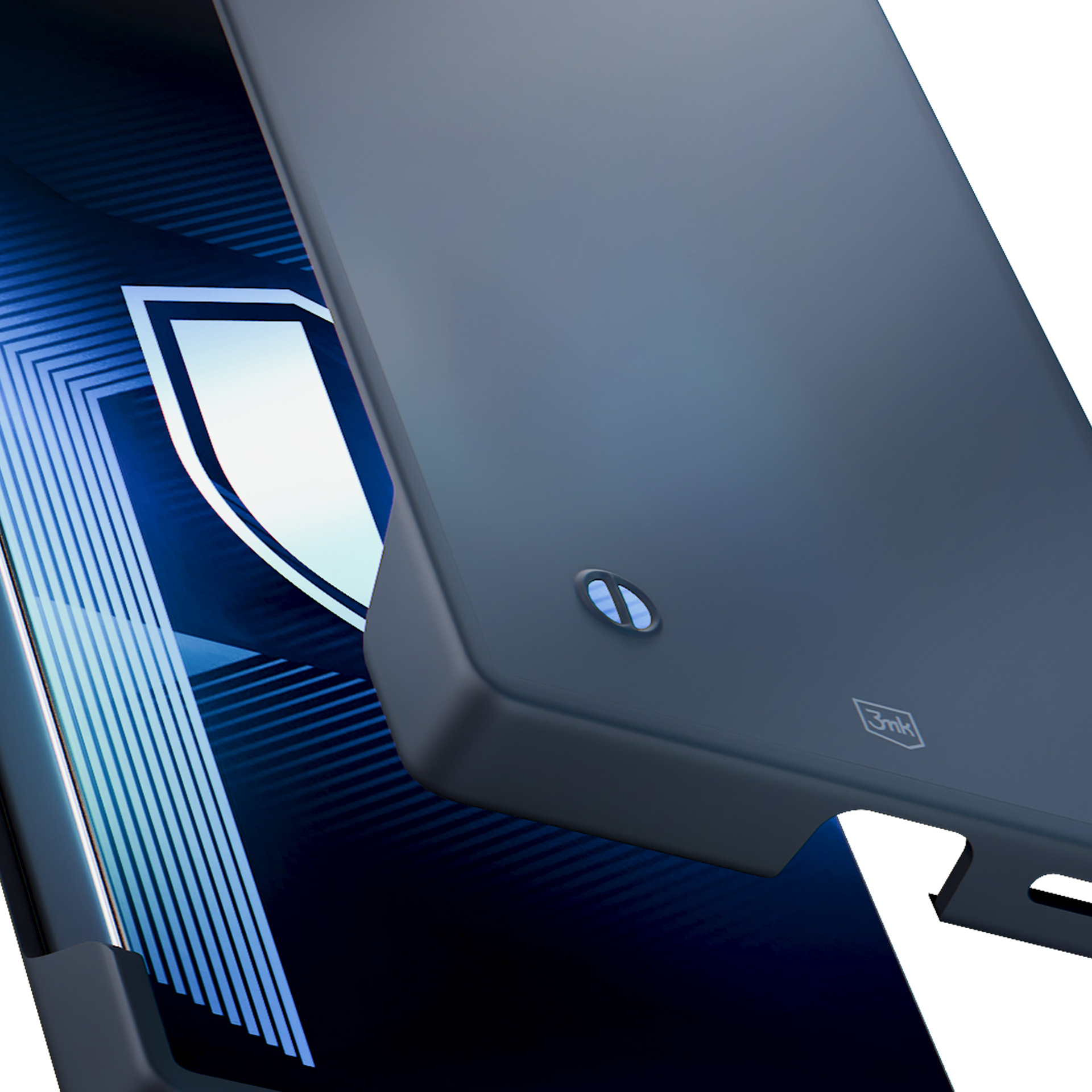 Czarne etui na telefon z telefonem w środku. Ekran telefonu jest widoczny. Etui jest ciemnoniebieskie.