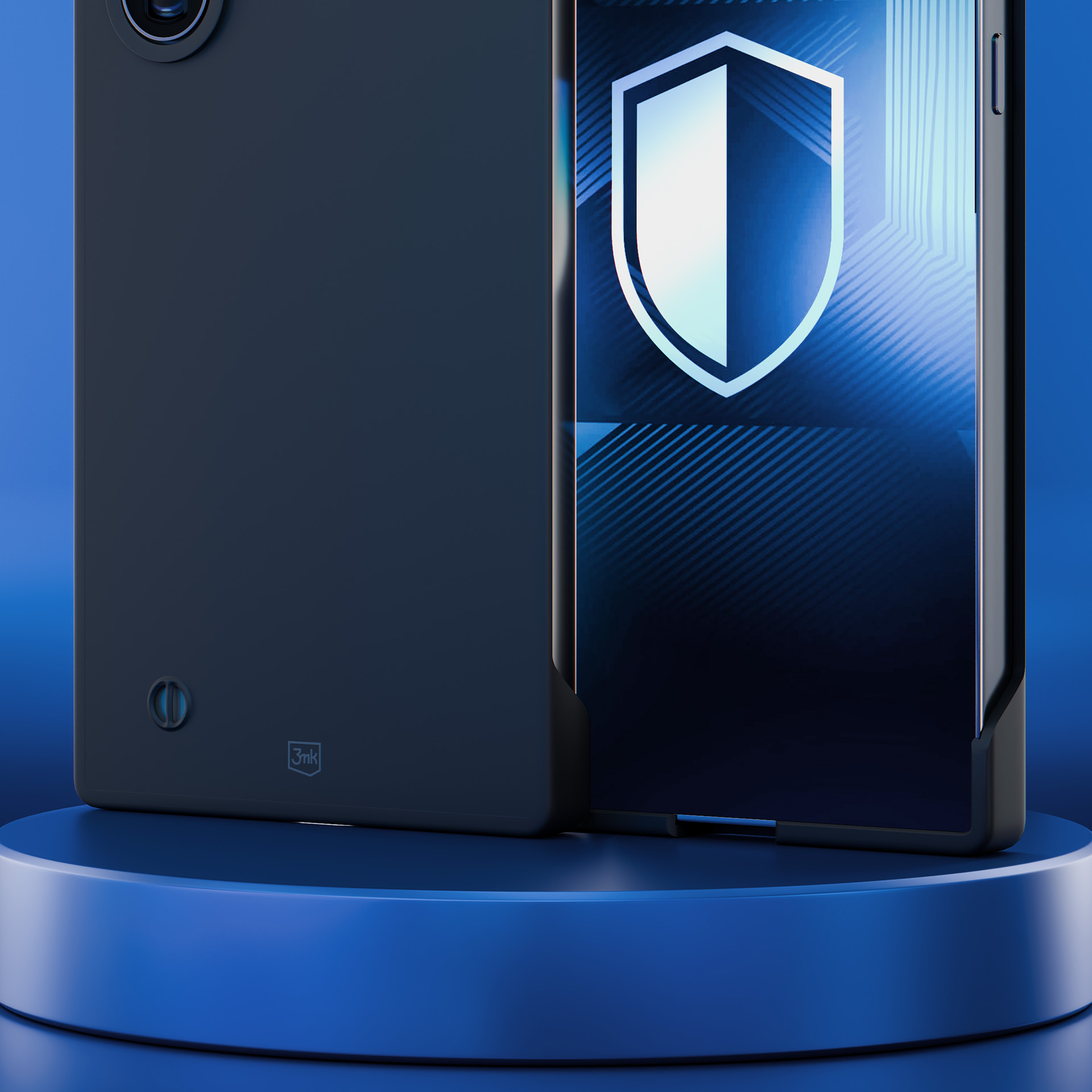 Telefon w czarnym etui na niebieskim podium. Na ekranie grafika tarczy.