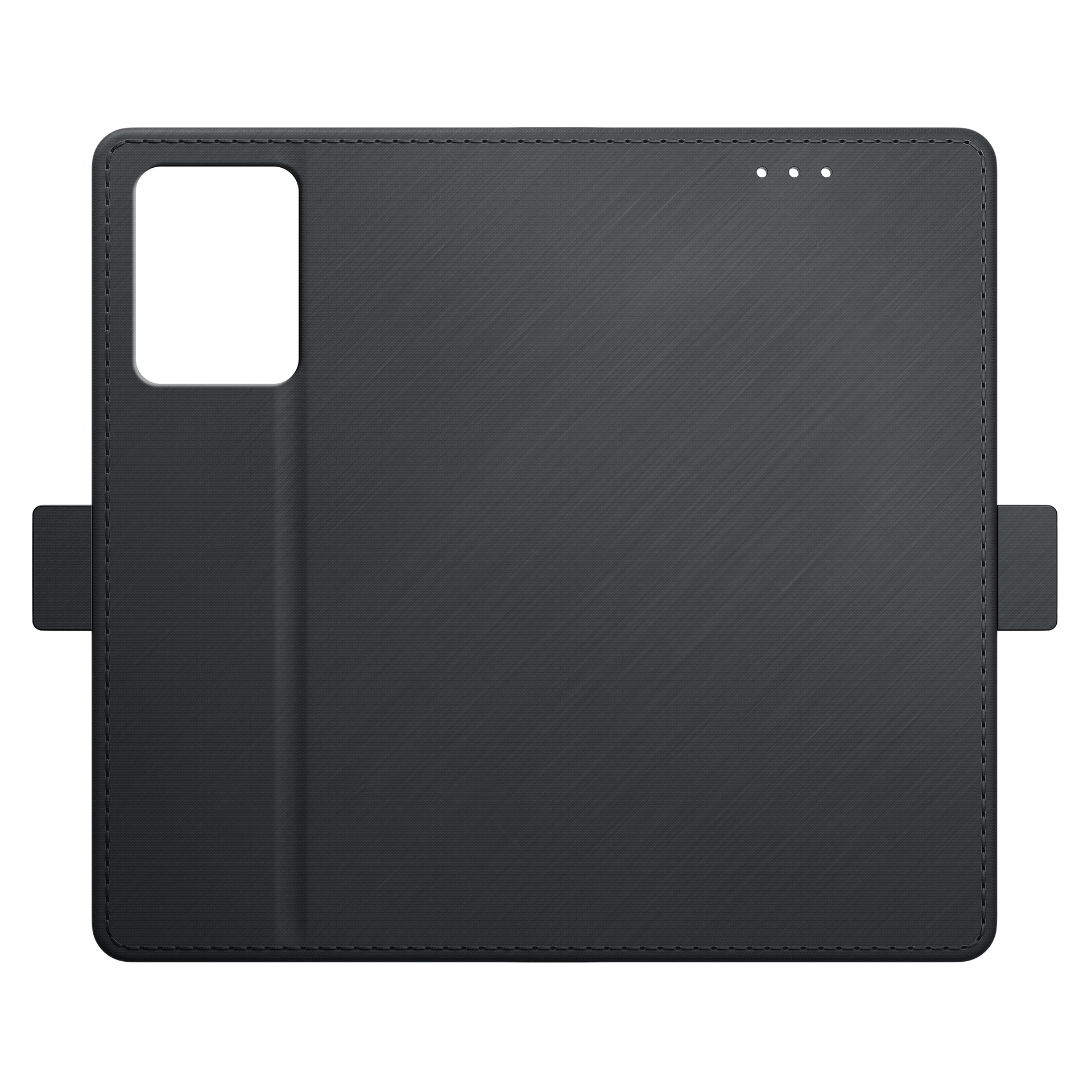 Czarne etui portfelowe ma kwadratowy otwór na aparat i magnetyczne zamknięcie, prezentując elegancki, minimalistyczny design.