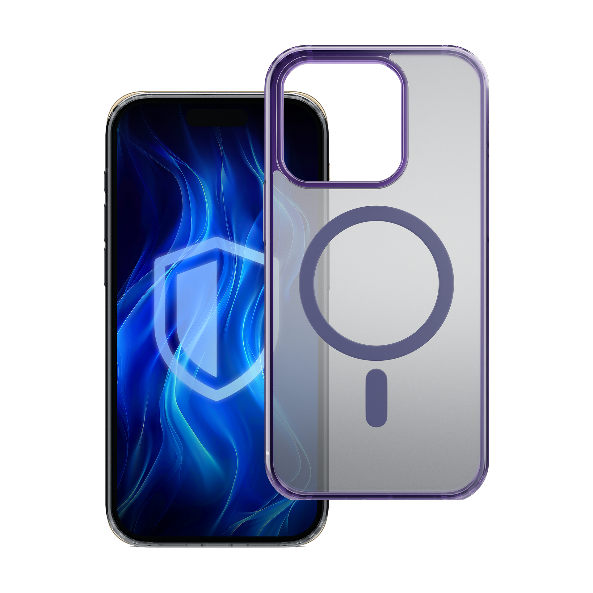 Obraz przedstawia przezroczyste etui na telefon z fioletowymi akcentami, magnetycznym pierścieniem i eleganckim wyglądem.