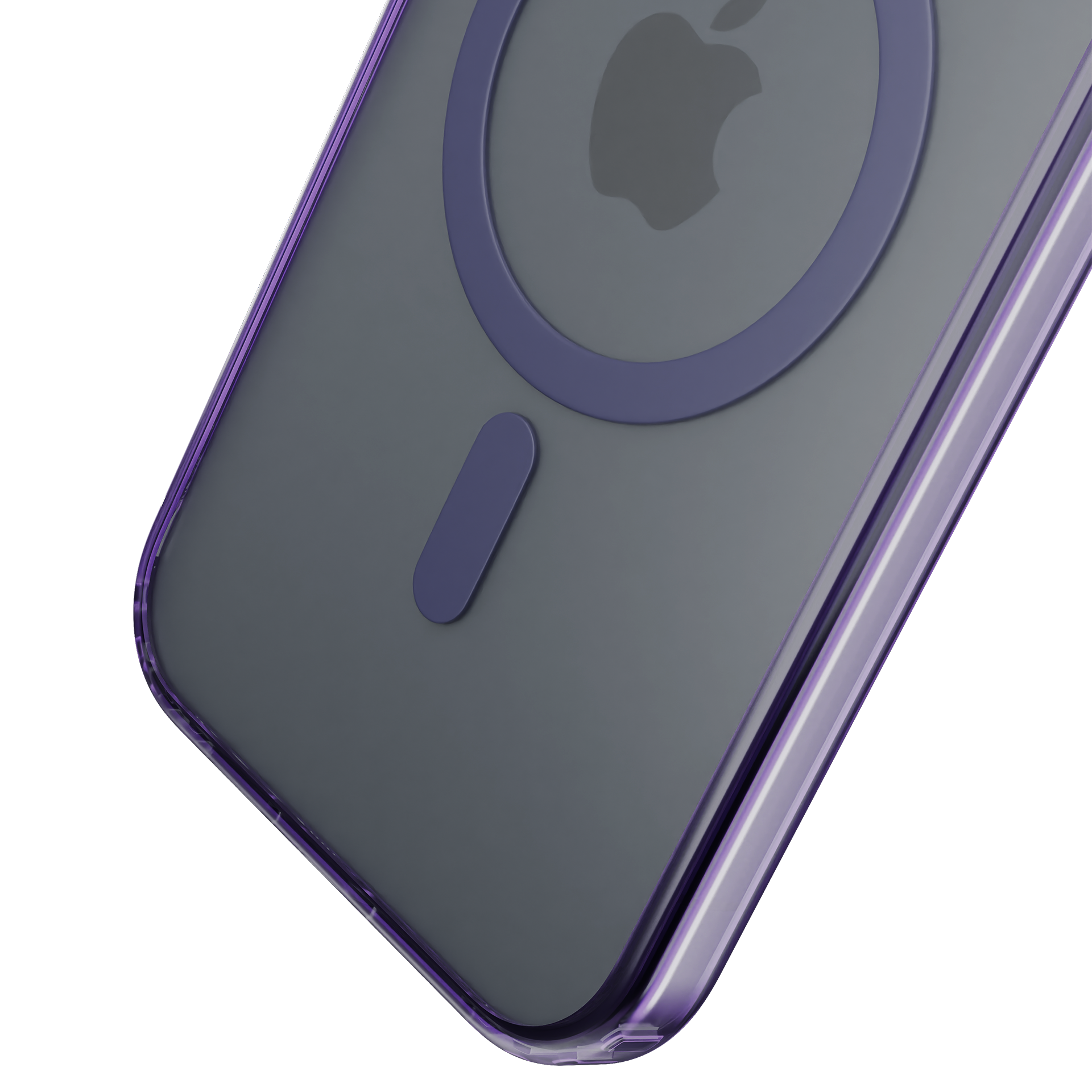 Przezroczyste etui na telefon z fioletowymi krawędziami pokazuje logo Apple, podkreślając jego elegancki wygląd i tożsamość marki.