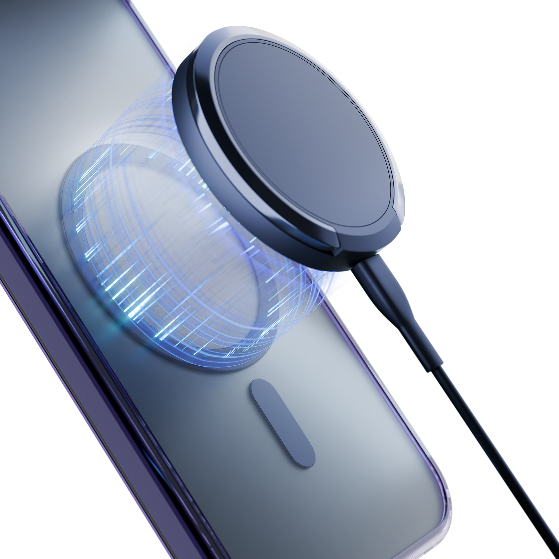 Telefon z dołączoną ładowarką magnetyczną. Ładowarka czarna i okrągła, telefon niebieski.