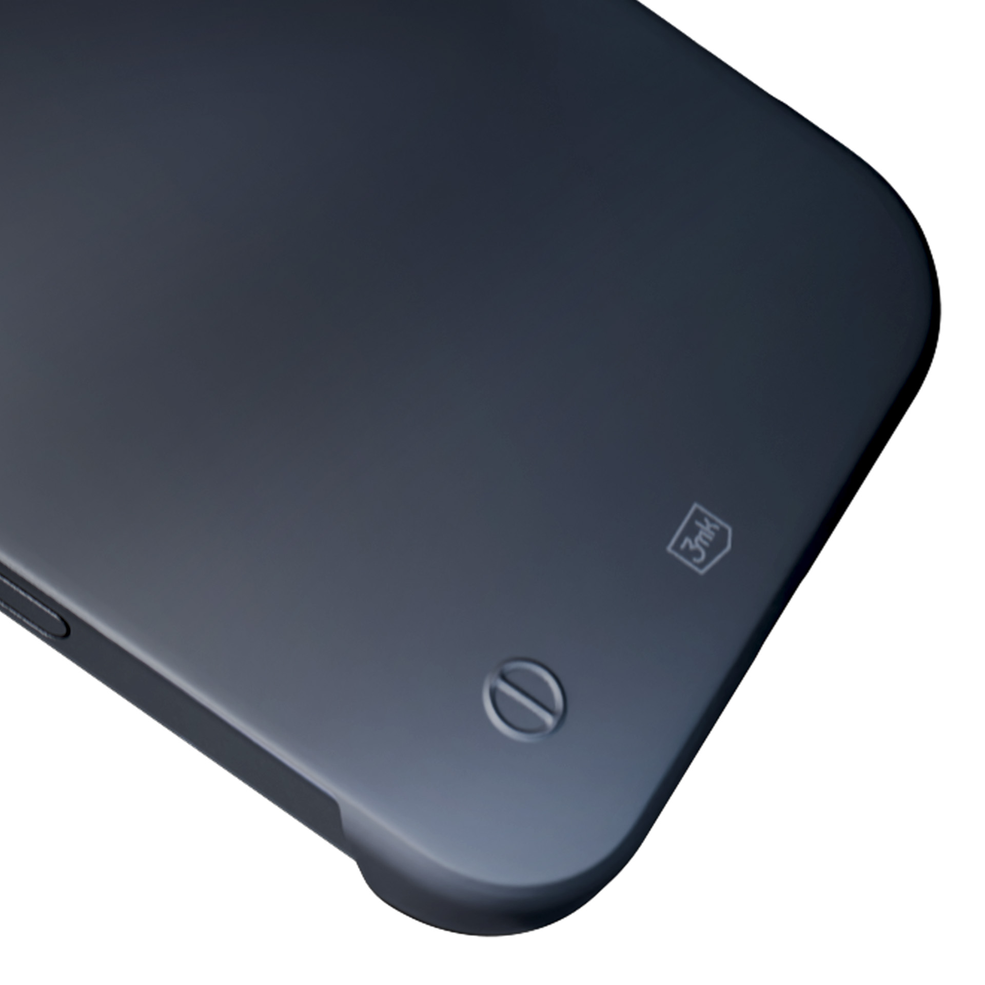 Zbliżenie niebieskiego etui na telefon na białym tle. Etui ma logo i przycisk.