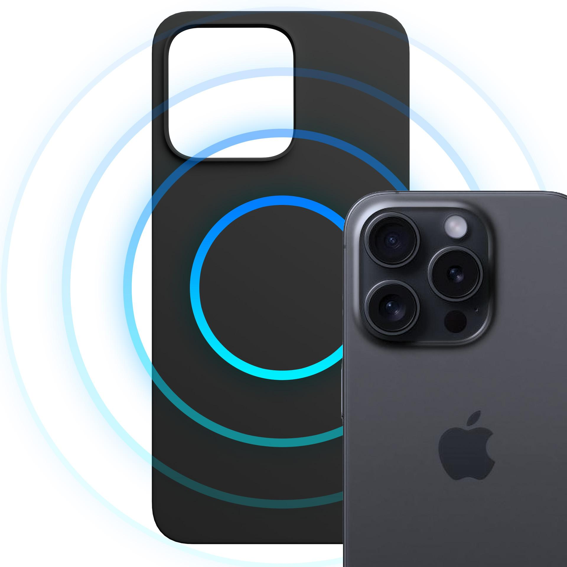 Czarne etui na telefon z niebieskim okręgiem na plecach i telefonem po prawej stronie.