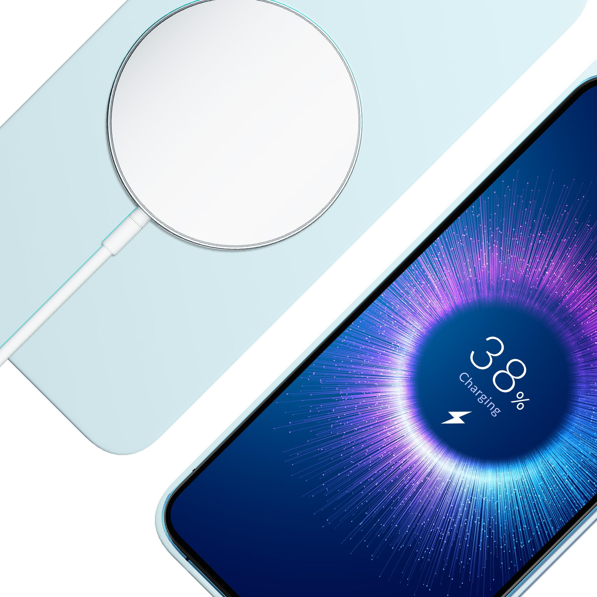 Telefon z niebieską obudową ładuje się bezprzewodowo przy 38% na białej powierzchni.