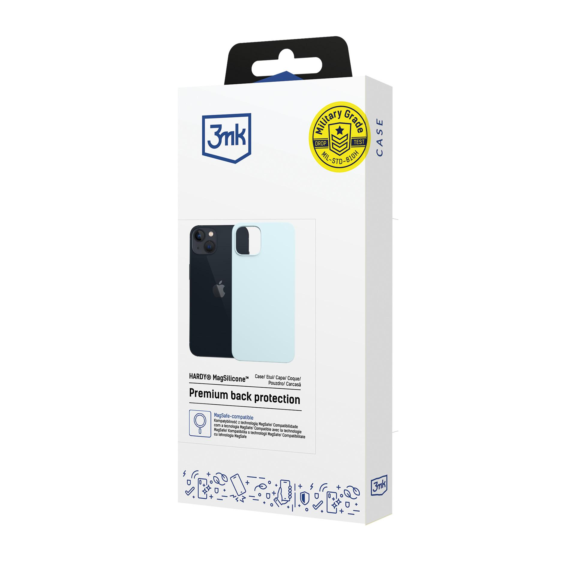 Pudełko z telefonem i etui na białym tle. Pudełko ma logo 3mk, a telefon jest granatowy.