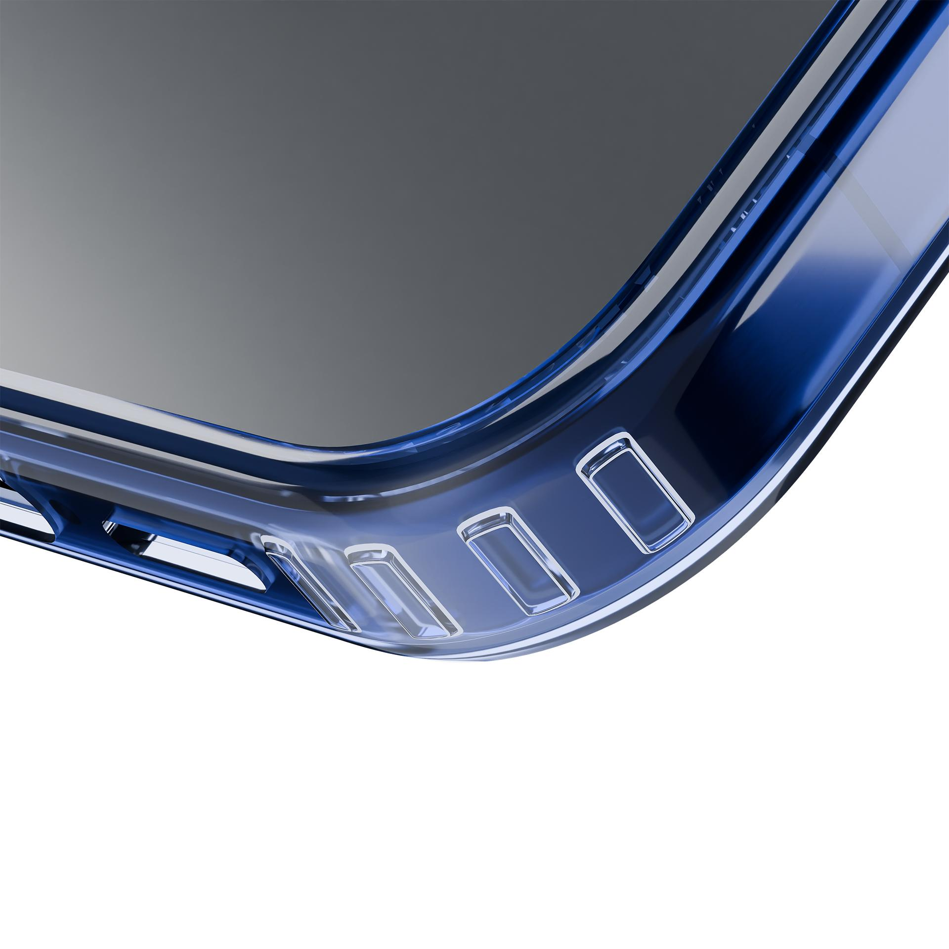 Zbliżenie rogu niebieskiego etui na telefon, prezentujące jego design i przezroczysty materiał.