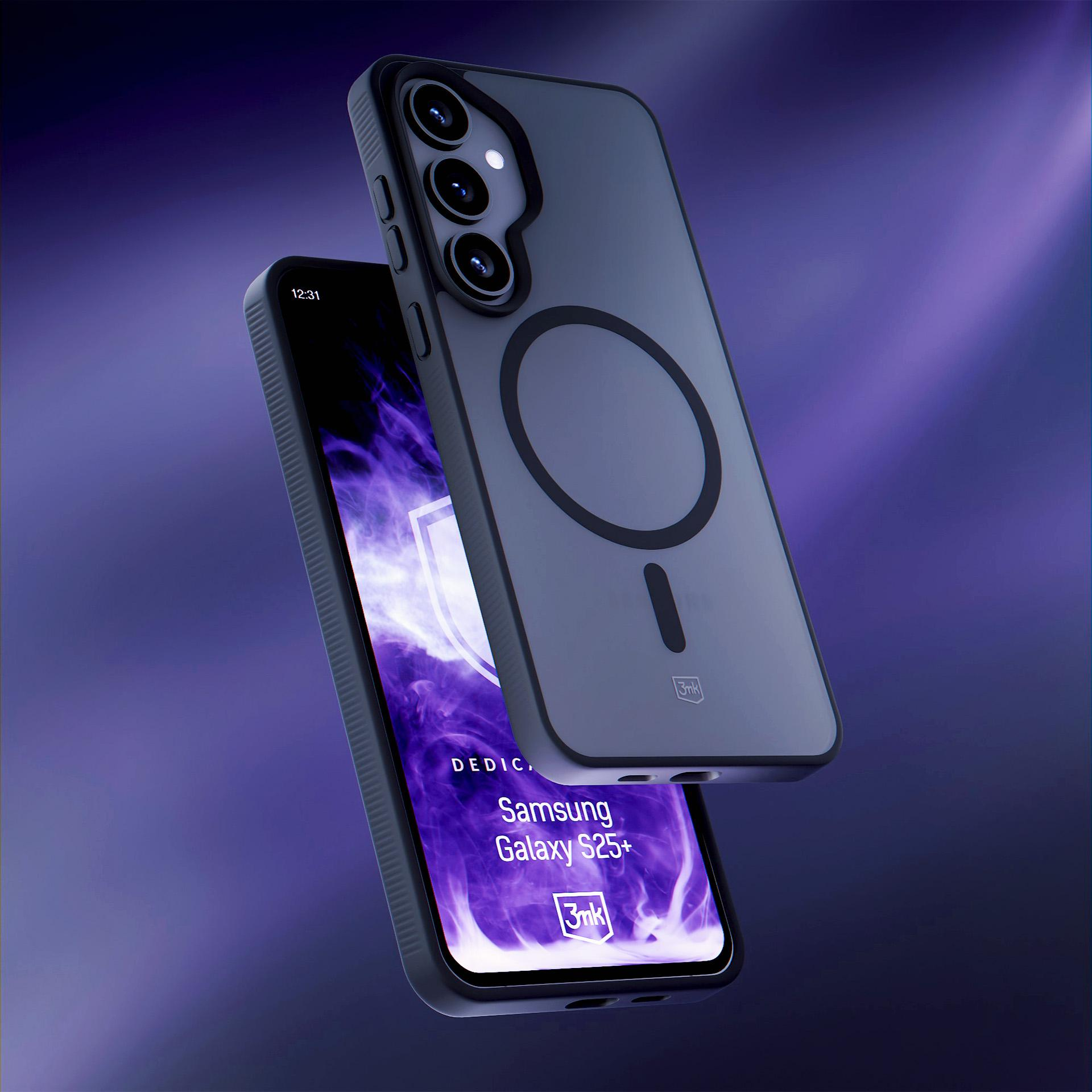 Samsung S23+ w etui ochronnym, unoszący się w fioletowo oświetlonej scenie. Podkreślono design i bezpieczeństwo.