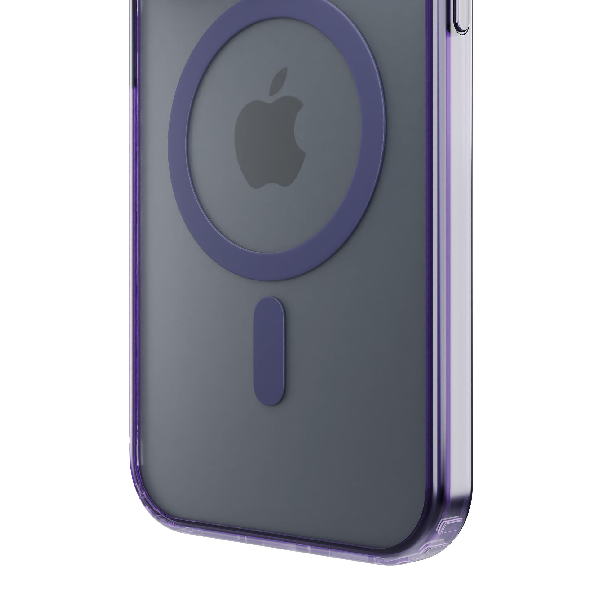 Zbliżenie fioletowego etui na telefon z logo Apple i magnetyczną konstrukcją ładowania.