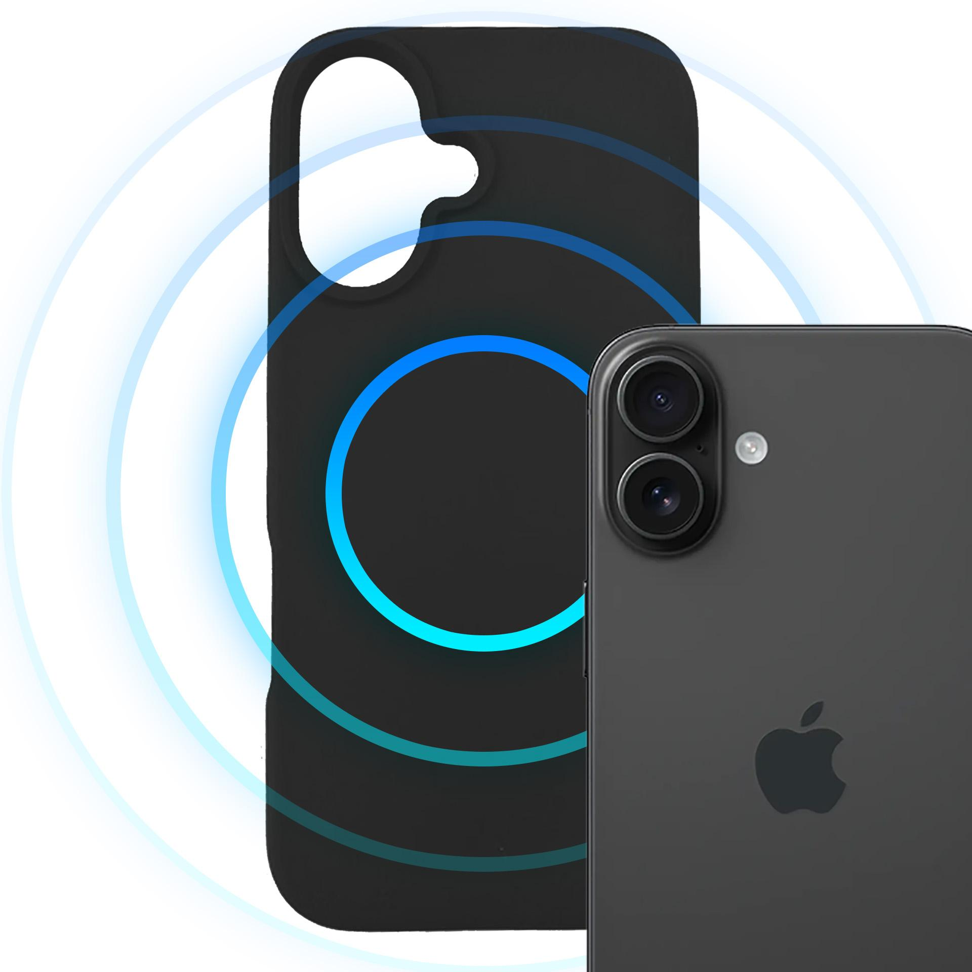 Ciemnoszary telefon obok czarnego etui na telefon z funkcją MagSafe i niebieskim efektem świetlnym.