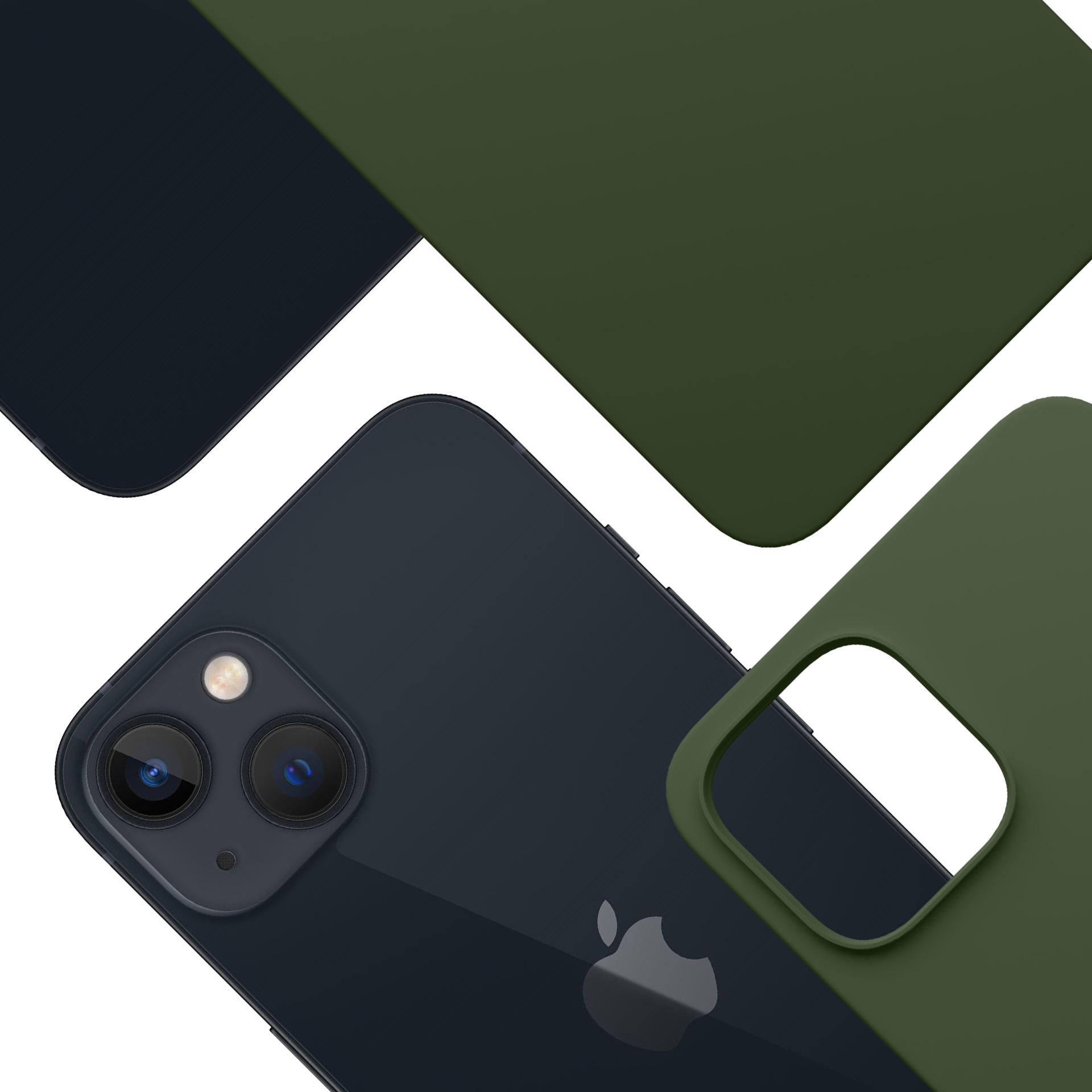 Telefon i etui. Telefon czarny, etui zielone.