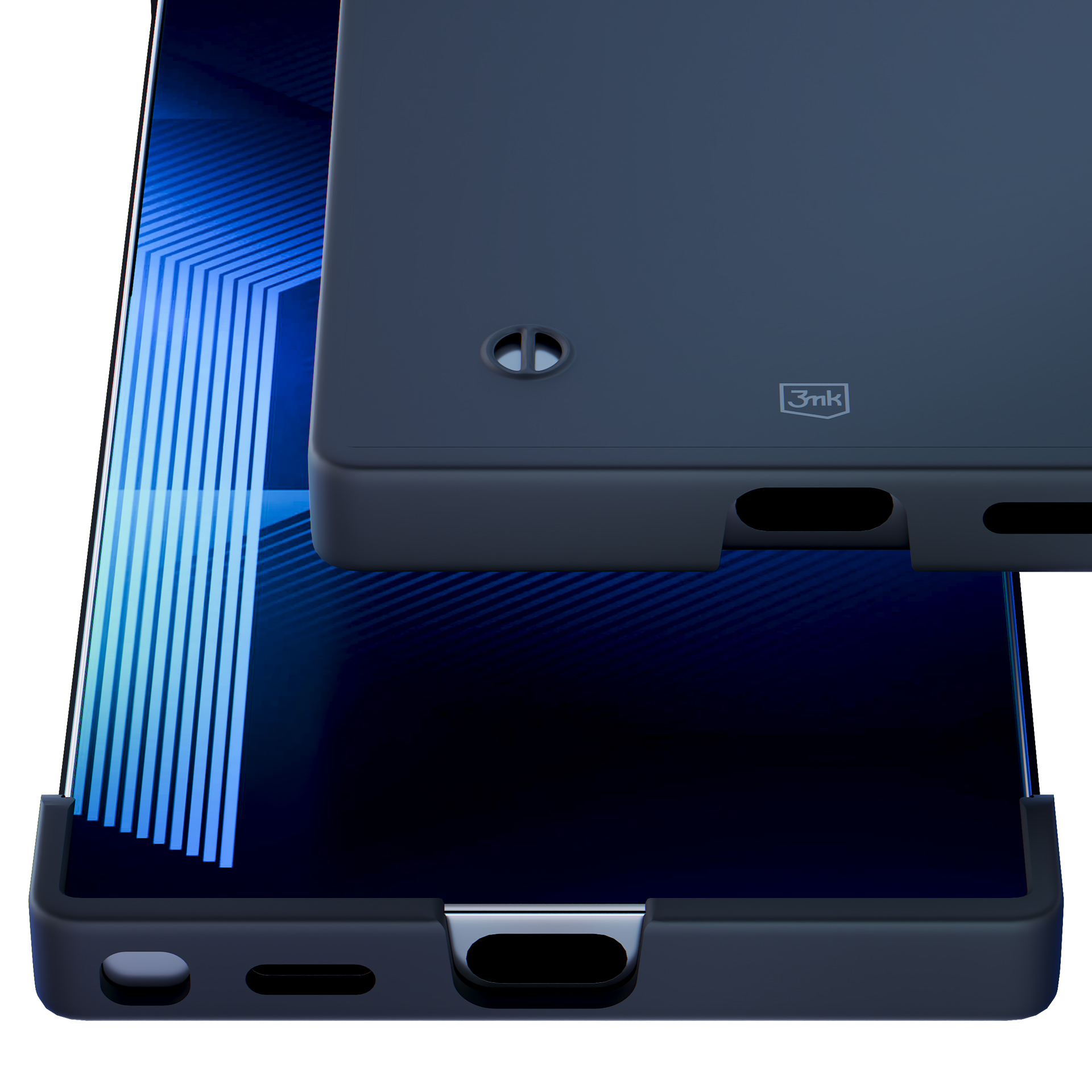 Zbliżenie ciemnego etui na telefon na smartfonie wyświetlającym niebieski ekran.