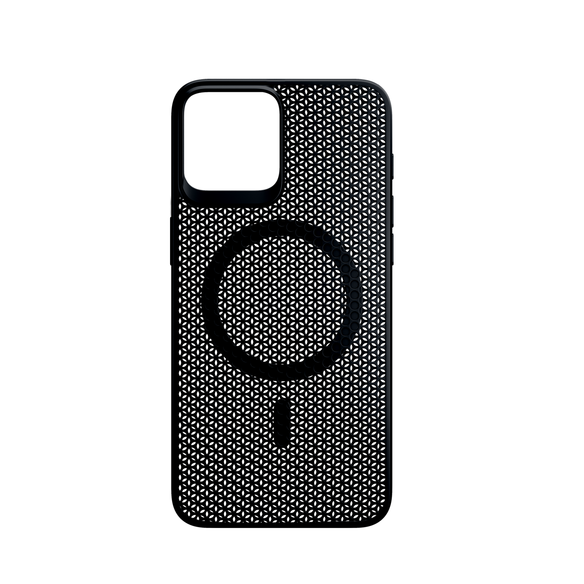 Czarne etui na telefon z geometrycznym wzorem, odizolowane na białym tle.