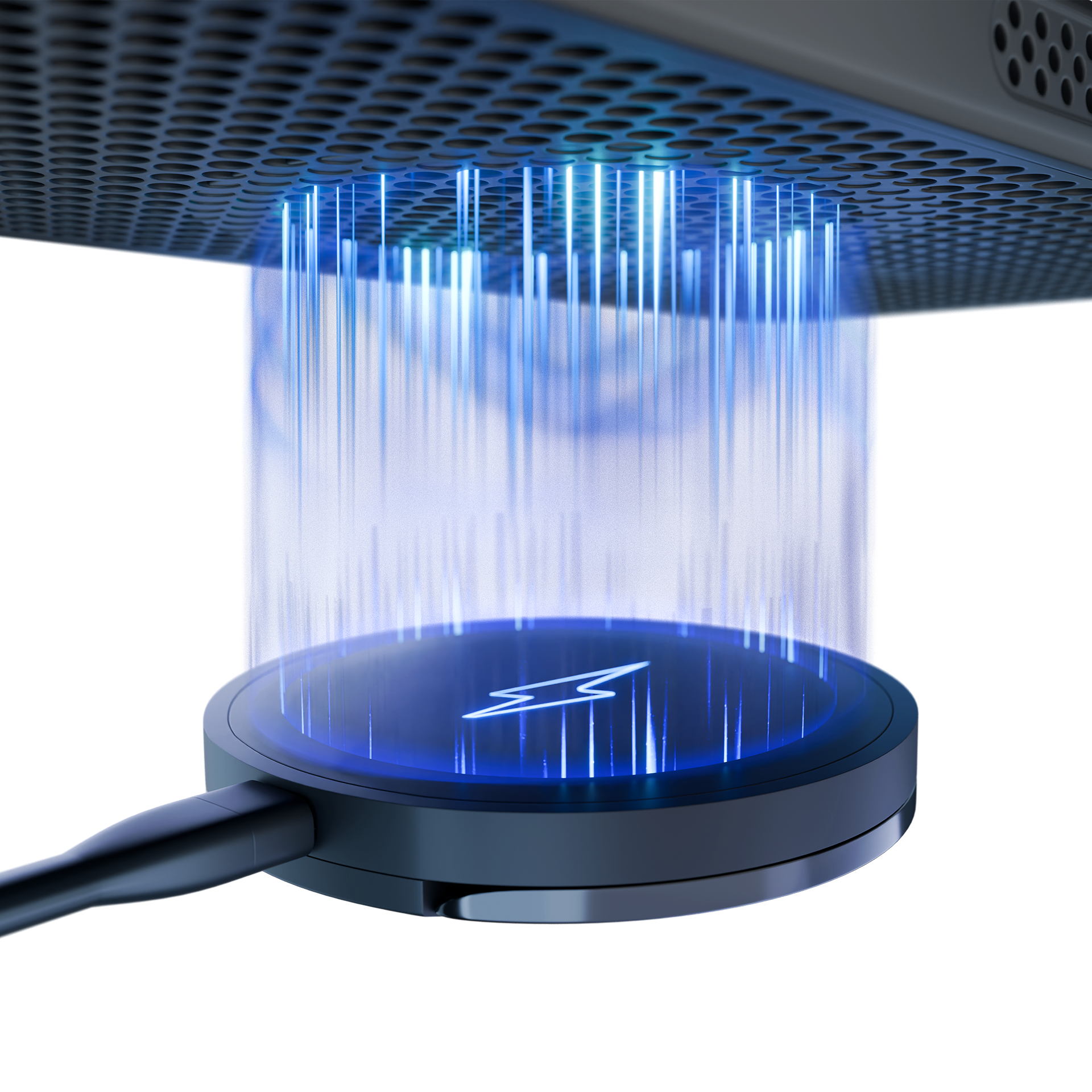 Podkładka ładująca emitująca niebieskie światło, podłączona, z etui na telefon nad głową na białym tle.