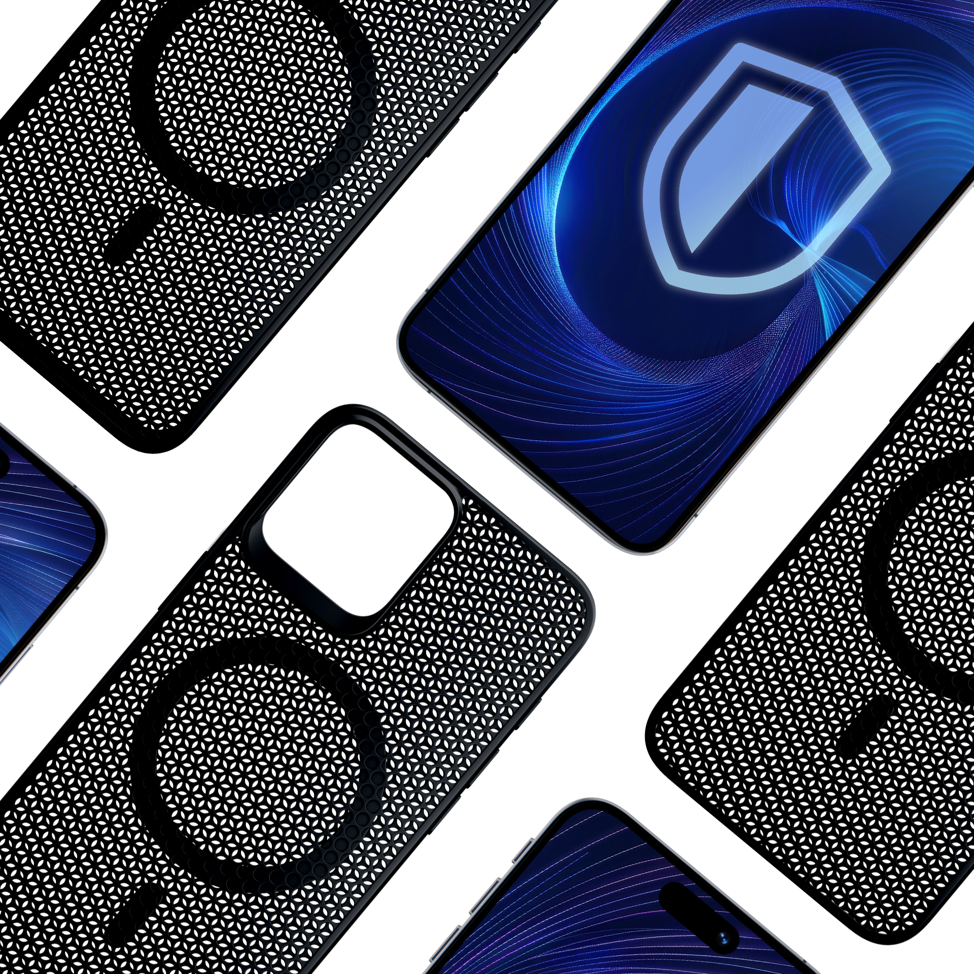 Wiele czarnych etui na telefon z geometrycznymi wzorami i telefonami z niebieskim ekranem na białym tle.
