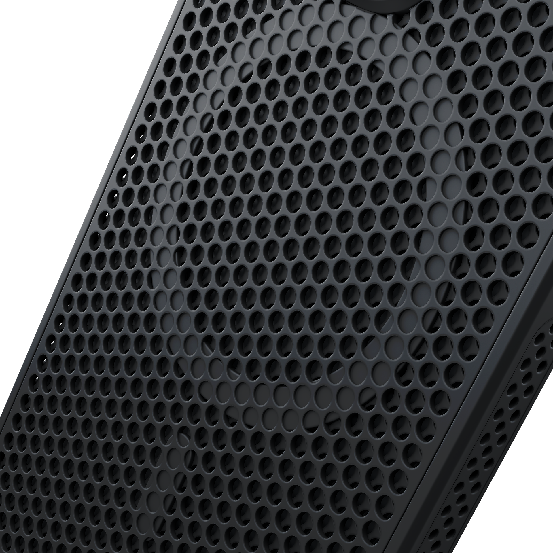 Zbliżenie czarnej, perforowanej powierzchni z małymi otworami.