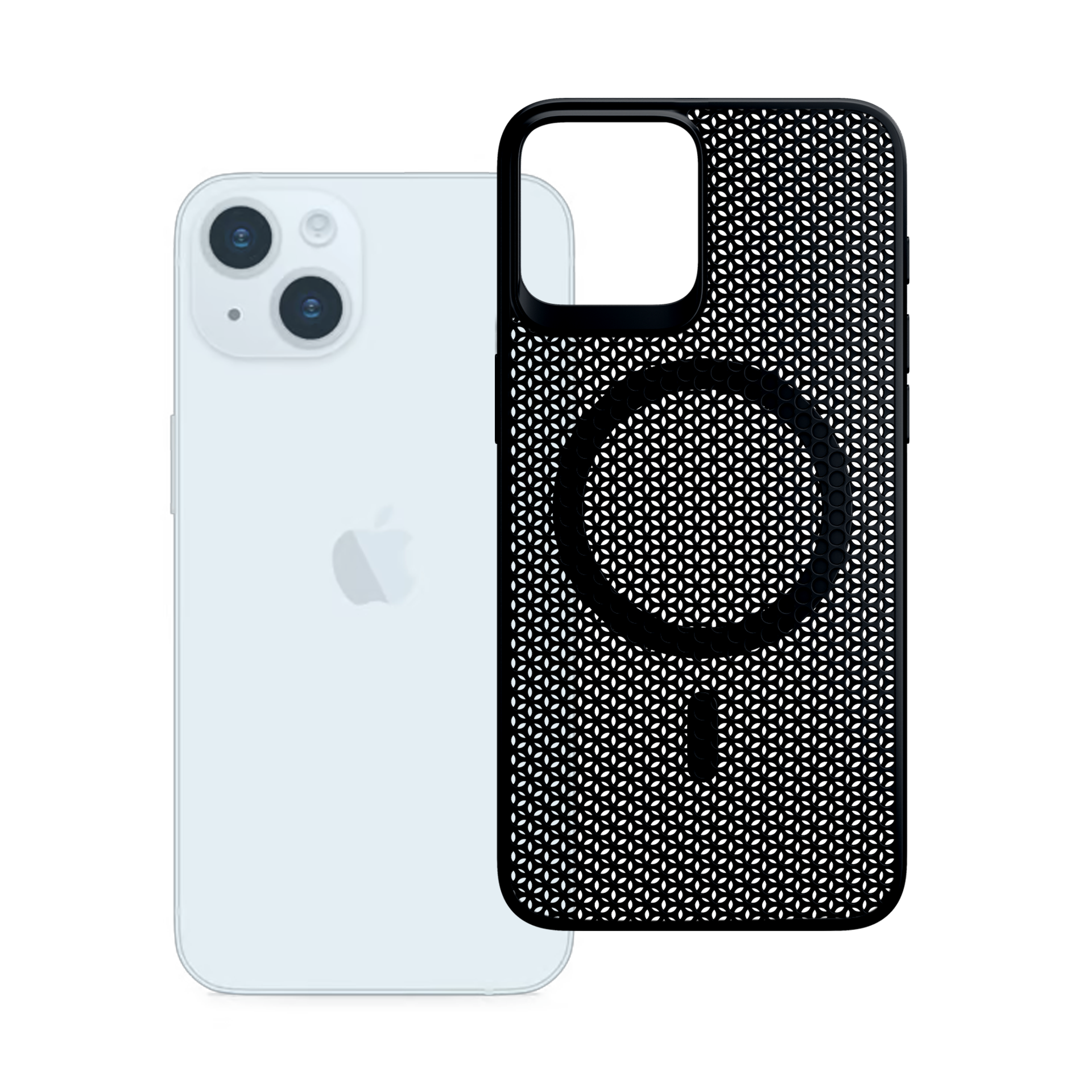 iPhone i czarne etui z geometrycznym wzorem i okrągłym magnesem.