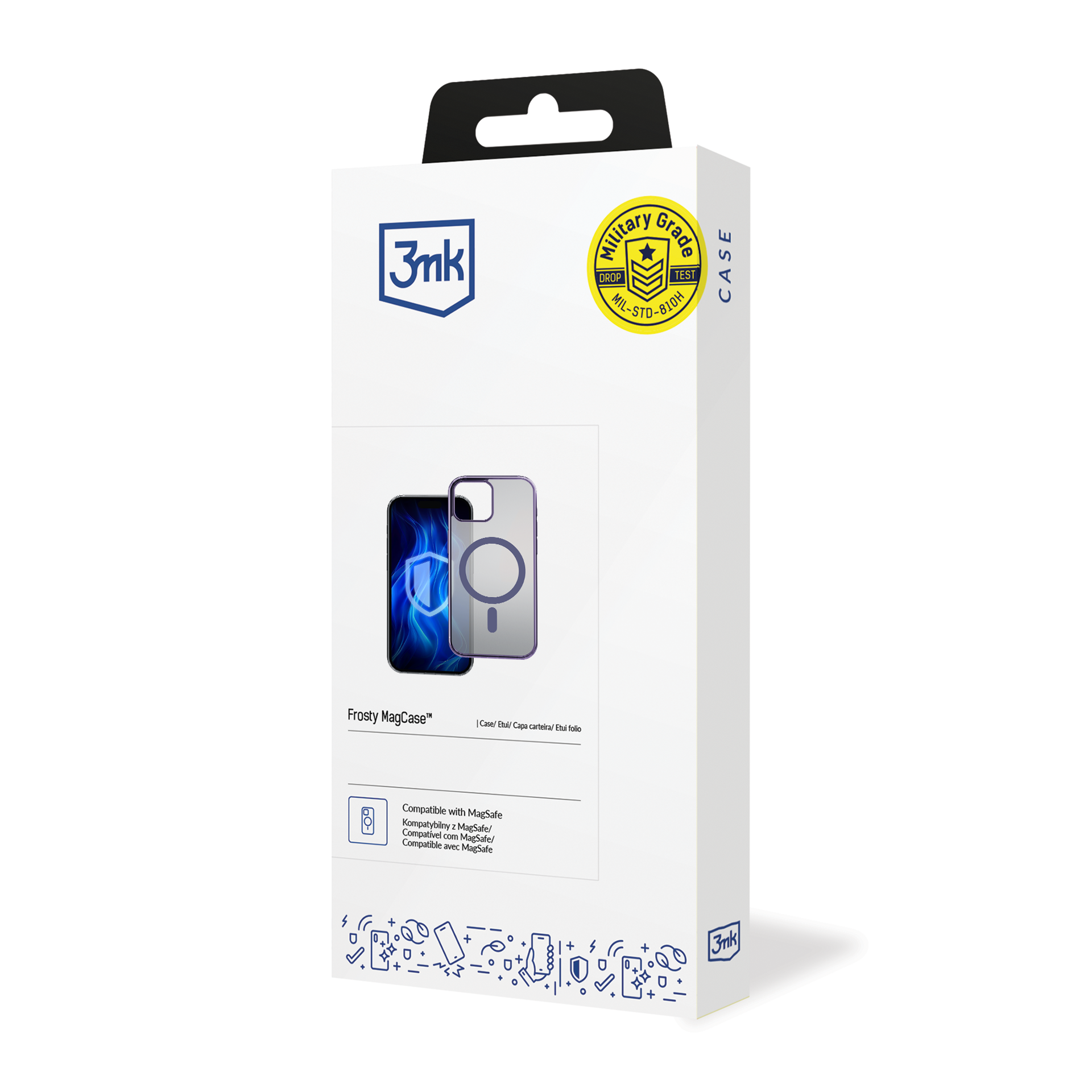 Opakowanie na przezroczyste etui na telefon, prezentujące cechy produktu i kompatybilność.