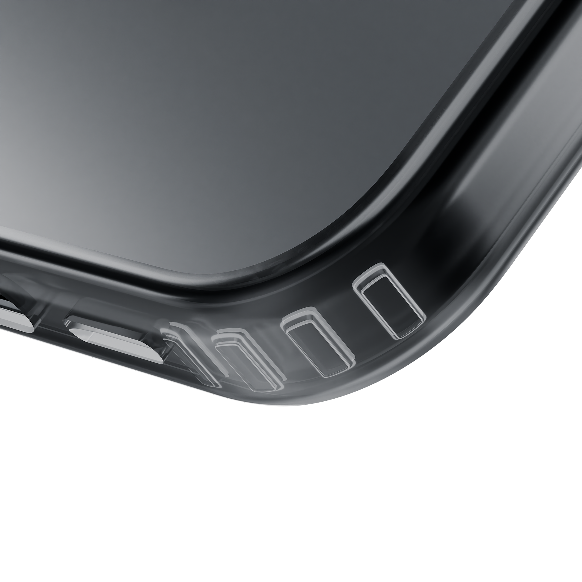 Zbliżenie na róg przezroczystego etui na telefon, pokazujące wycięcia na przyciski i szary ekran telefonu widoczny przez etui.