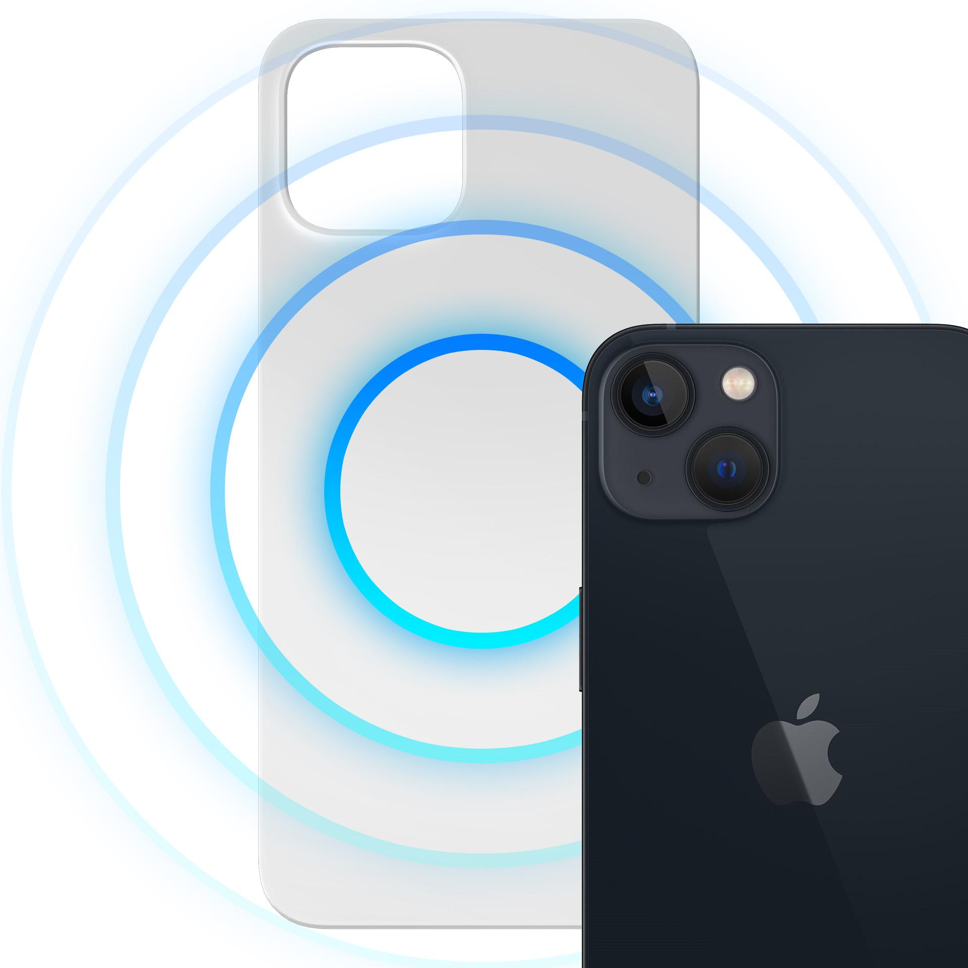 Białe etui na telefon z niebieskimi okręgami unosi się w pobliżu czarnego iPhone'a, prezentując bezprzewodowe ładowanie.