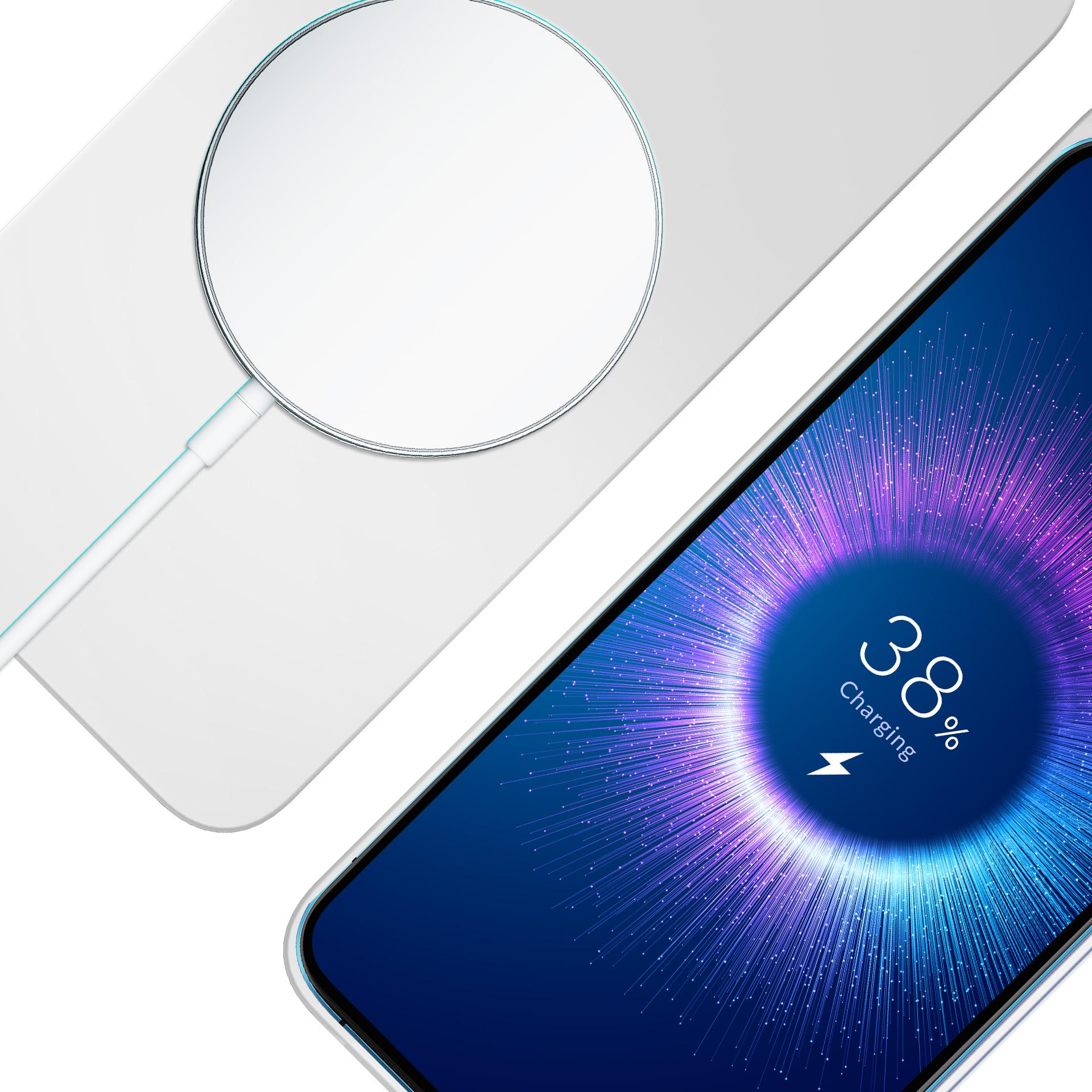 Smartfon wyświetla 38% naładowania obok białej ładowarki bezprzewodowej na białej powierzchni.