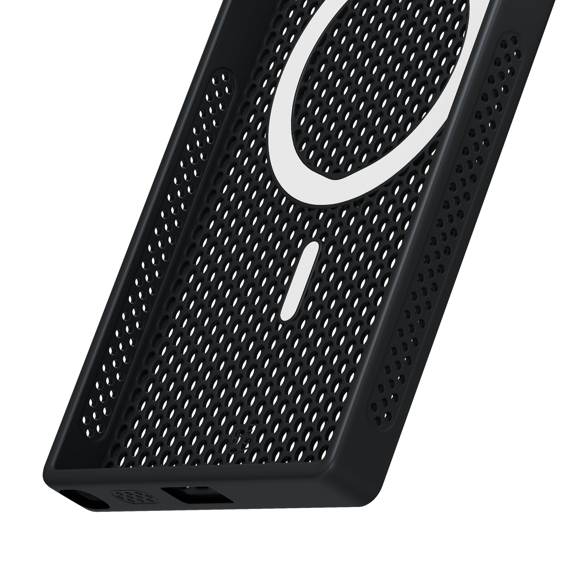 Na zdjęciu widać zbliżenie czarnego etui na telefon z geometrycznym wzorem na białym tle.