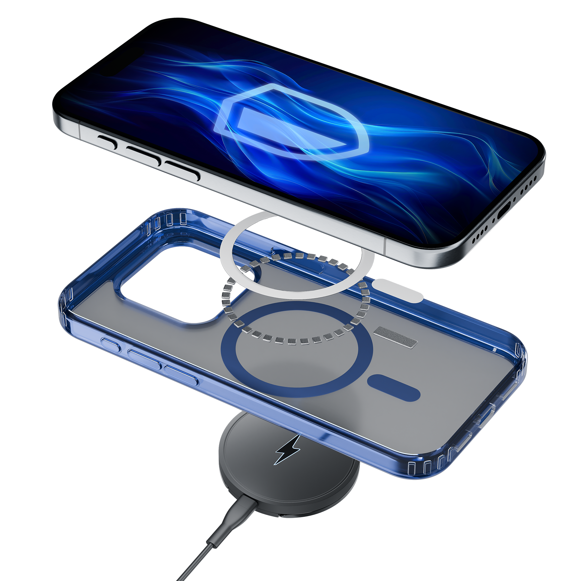 Telefon ładujący się bezprzewodowo na czarnej podkładce ładującej, z niebieskim etui.