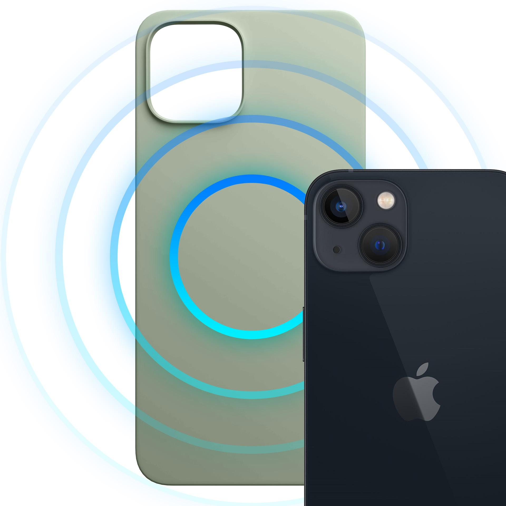 Granatowy telefon znajduje się obok oliwkowego etui na telefon z niebieskimi okręgami wychodzącymi z jego środka.