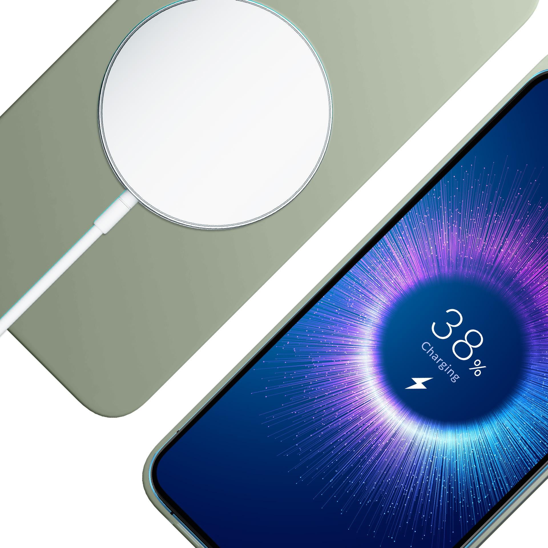 Smartfon wyświetla 38% naładowania obok białej ładowarki bezprzewodowej na oliwkowej powierzchni.