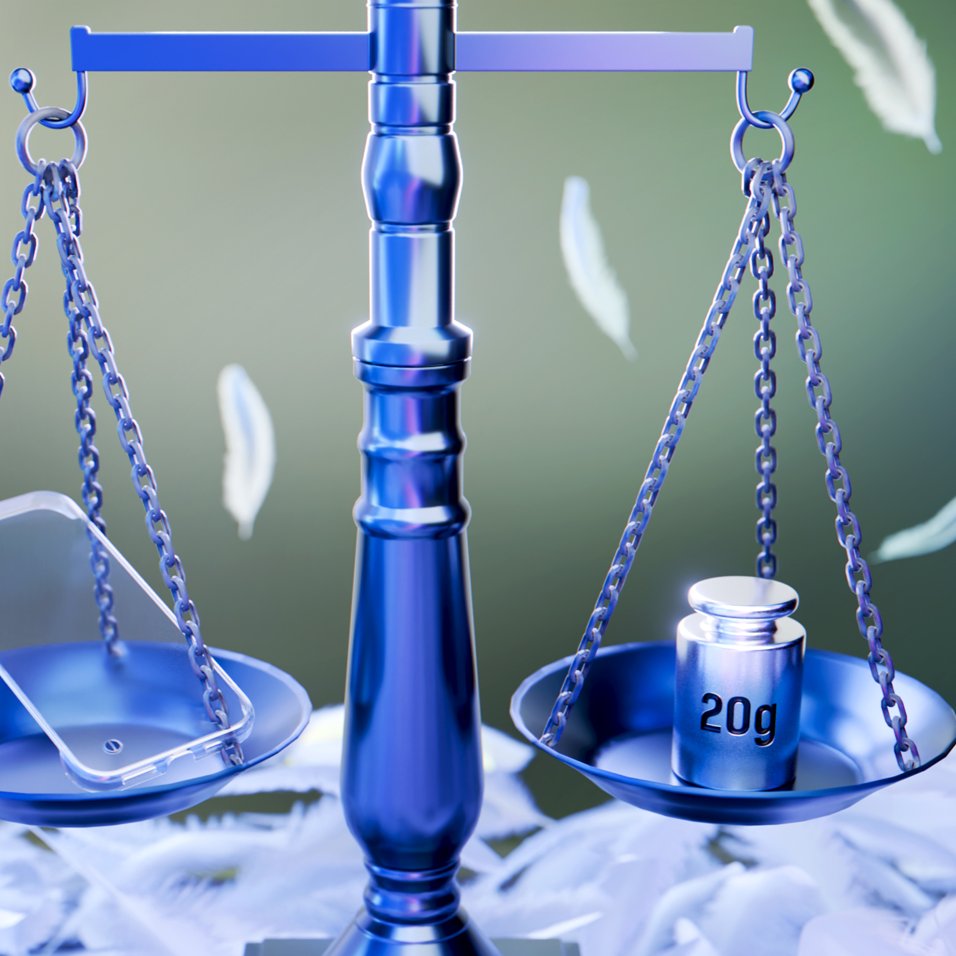 Waga szalkowa z etui na telefon z jednej strony i odważnikiem 20g z drugiej.