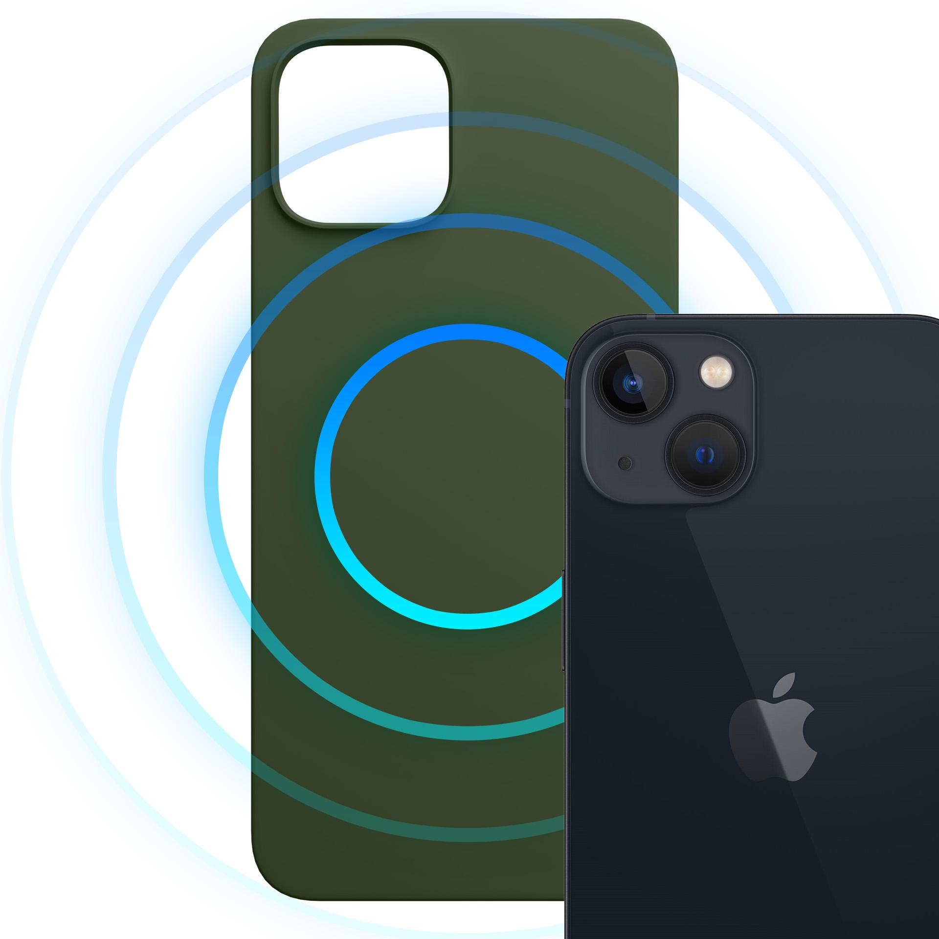 Ciemnozielone etui na telefon obok czarnego telefonu. Niebieskie i zielone koła w tle.