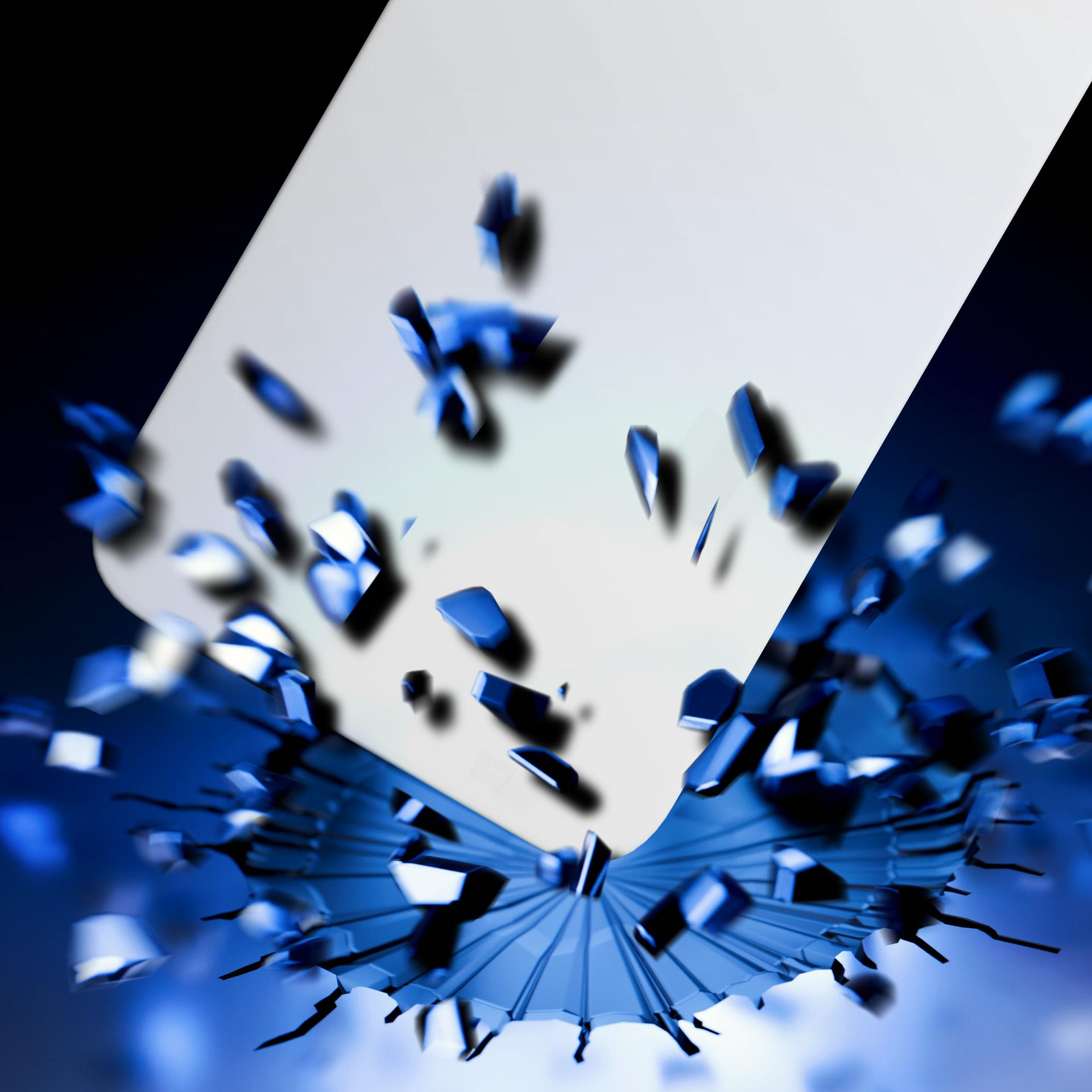 Pęknięta osłona ekranu z niebieskimi odłamkami na białym i czarnym tle.
