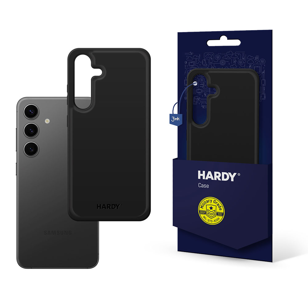 Czarny telefon i czarne etui obok niebieskiego pudełka ze szczegółami etui.