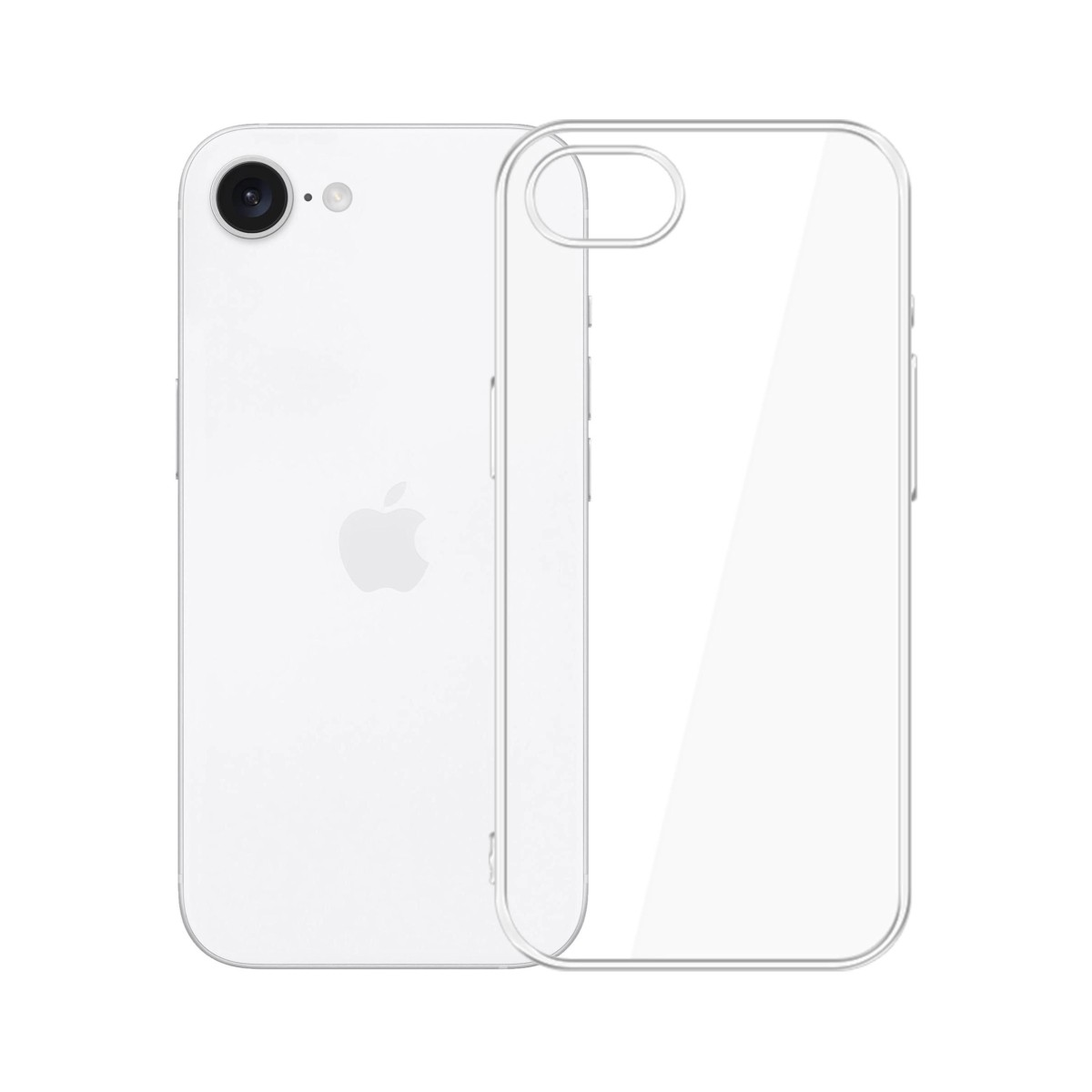 iPhone bianco e una custodia trasparente. Il telefono ha una fotocamera e il logo Apple.